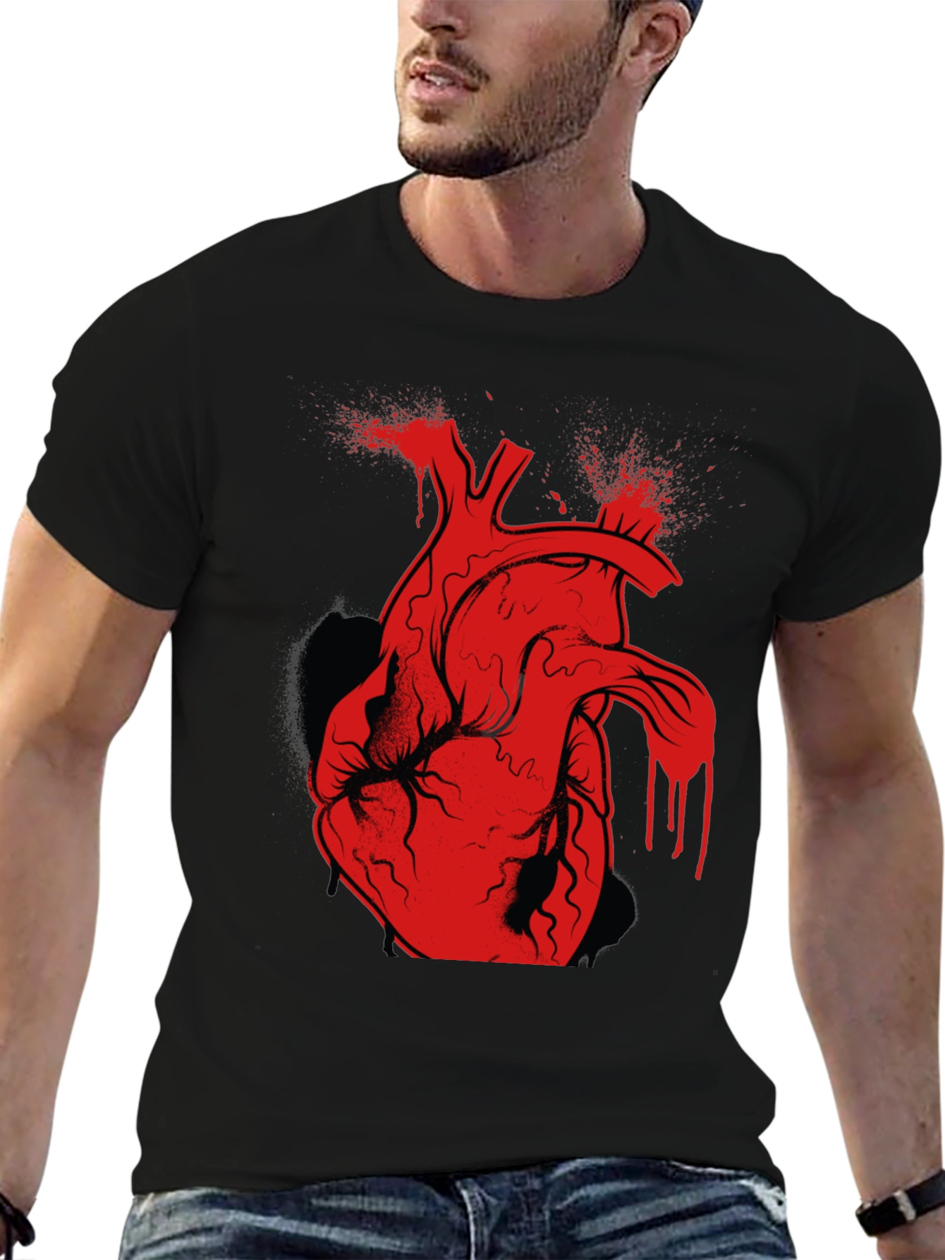 Red Anatomical Heart Graphic Black T-Shirt