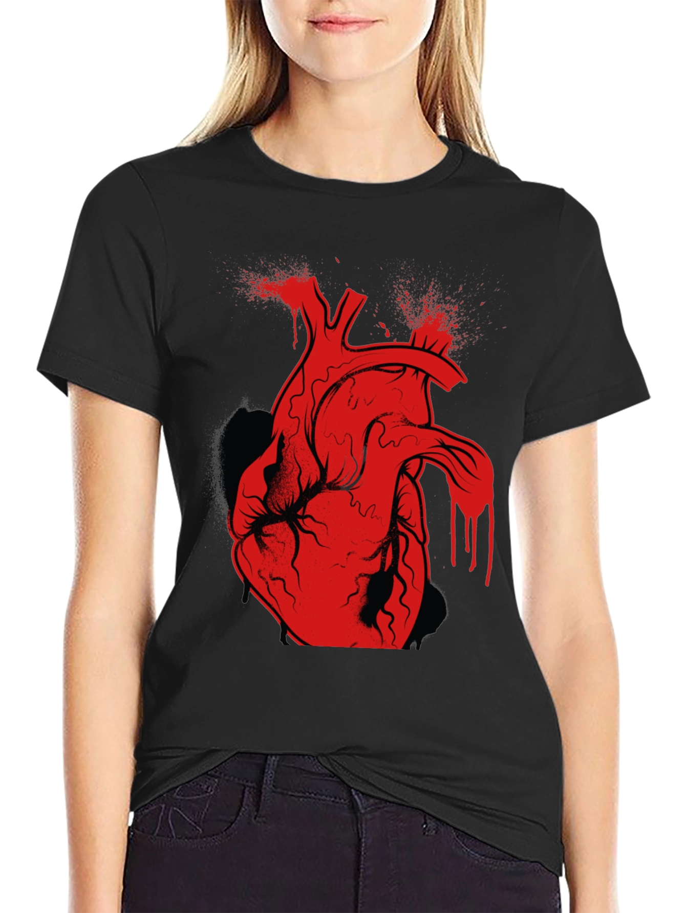 Red Anatomical Heart Graphic Black T-Shirt
