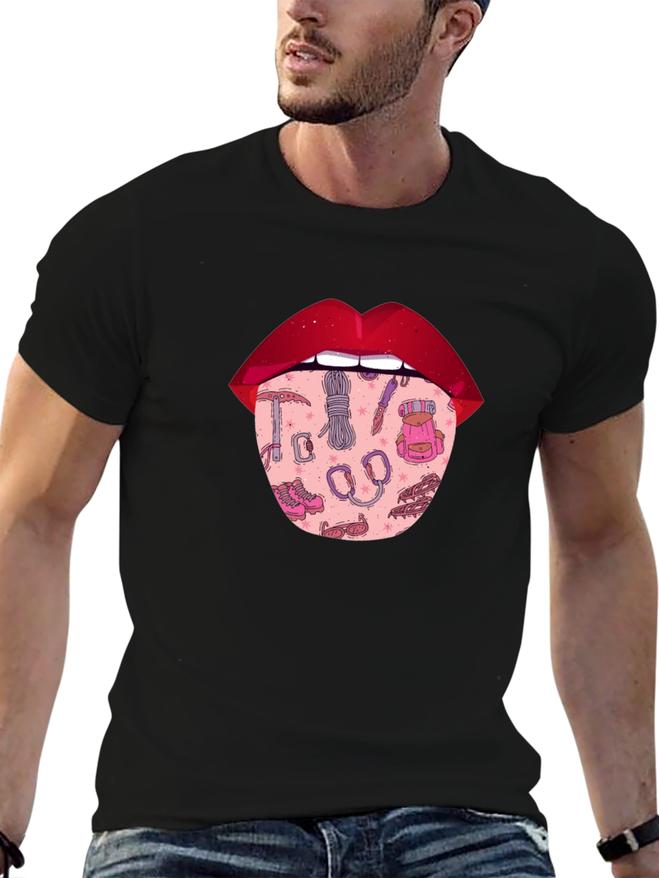 Lips Climbing T-Shirt - Black Graphic Tee