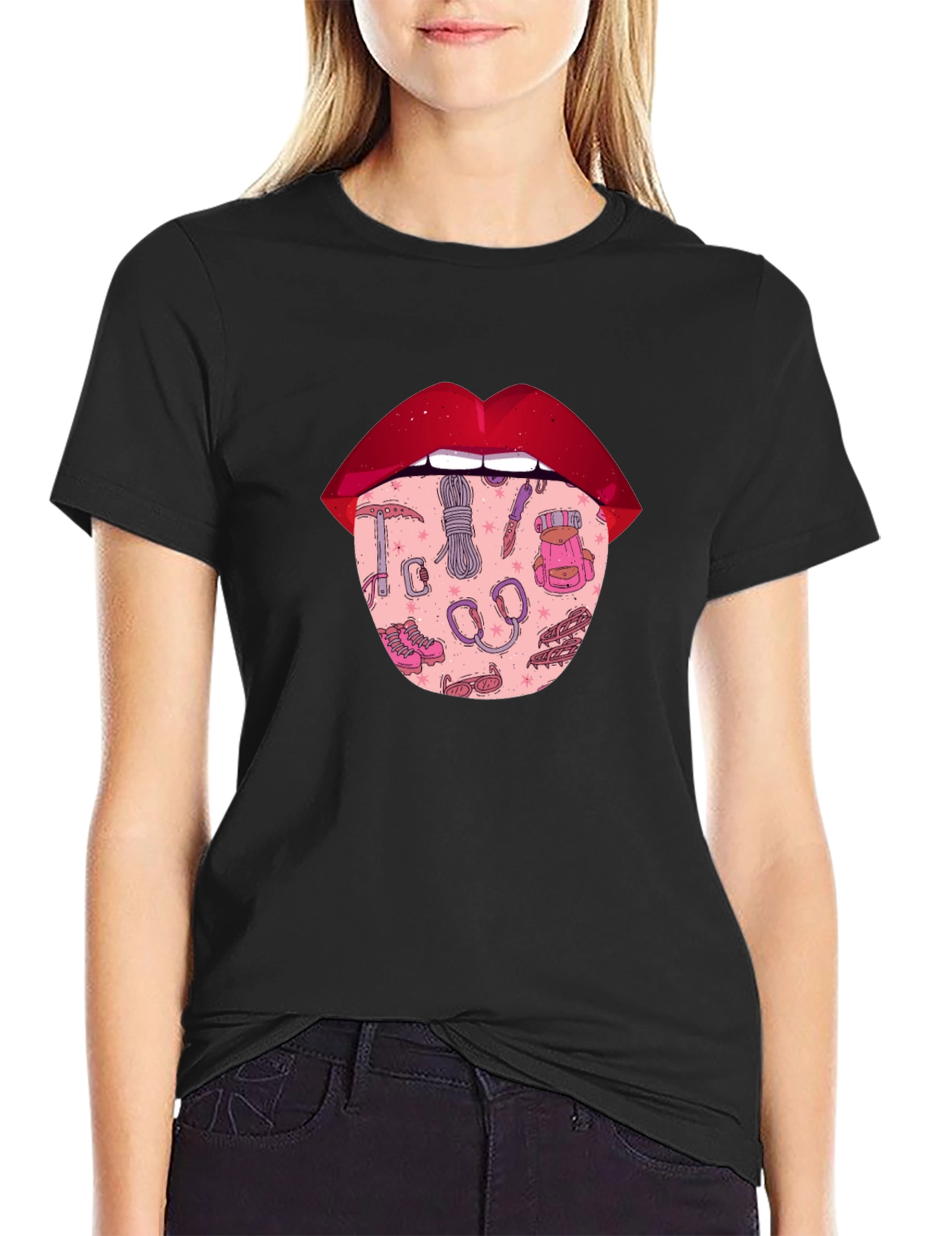 Lips Climbing T-Shirt - Black Graphic Tee