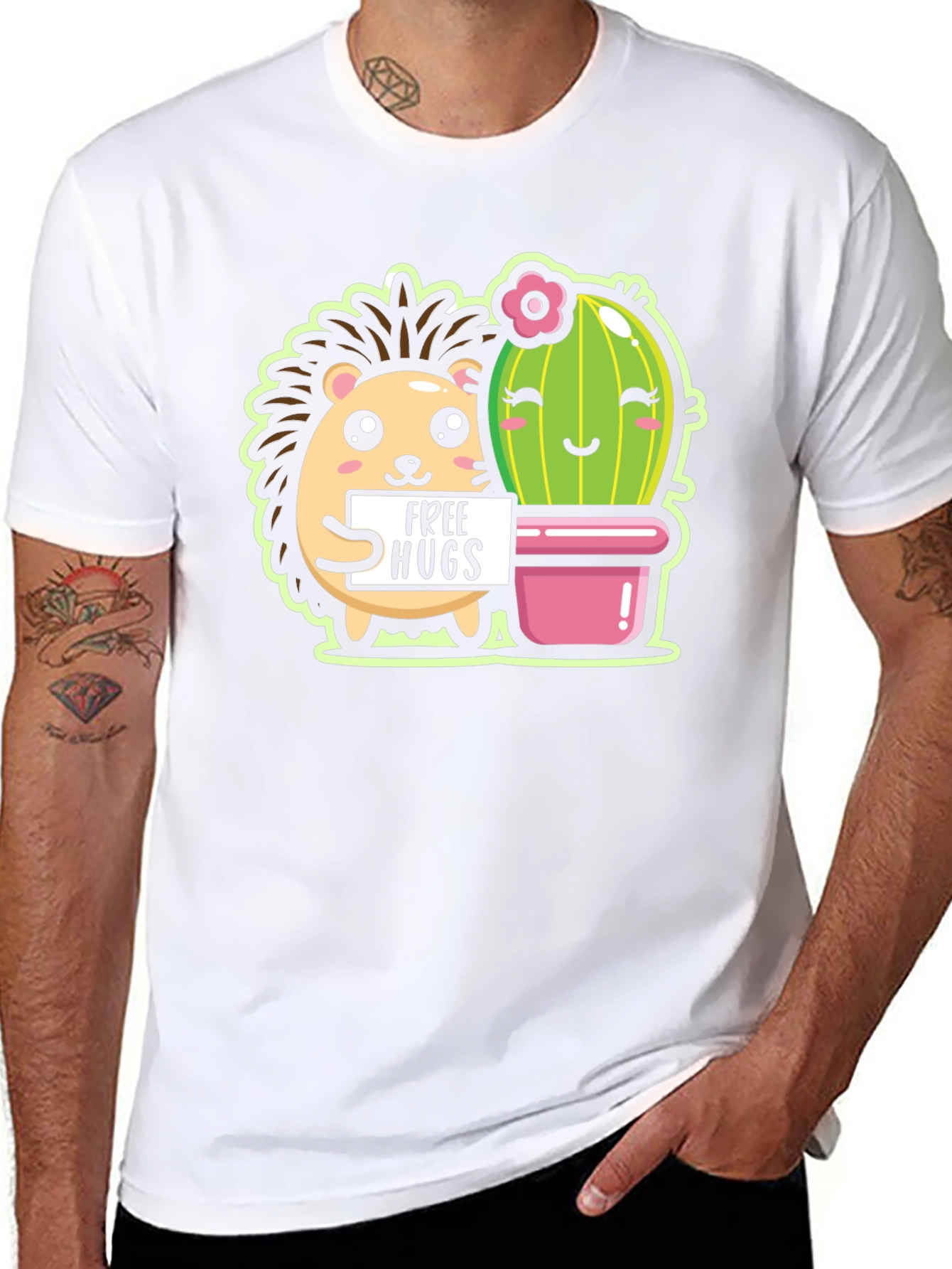 Cute Hedgehog & Cactus Free Hugs Black T-Shirt
