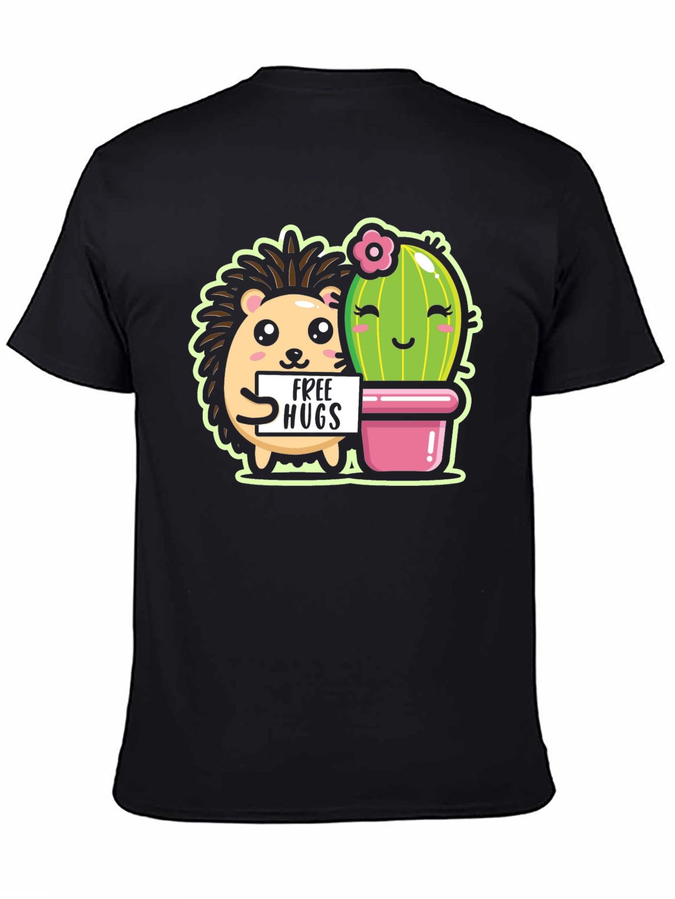 Cute Hedgehog & Cactus Free Hugs Black T-Shirt