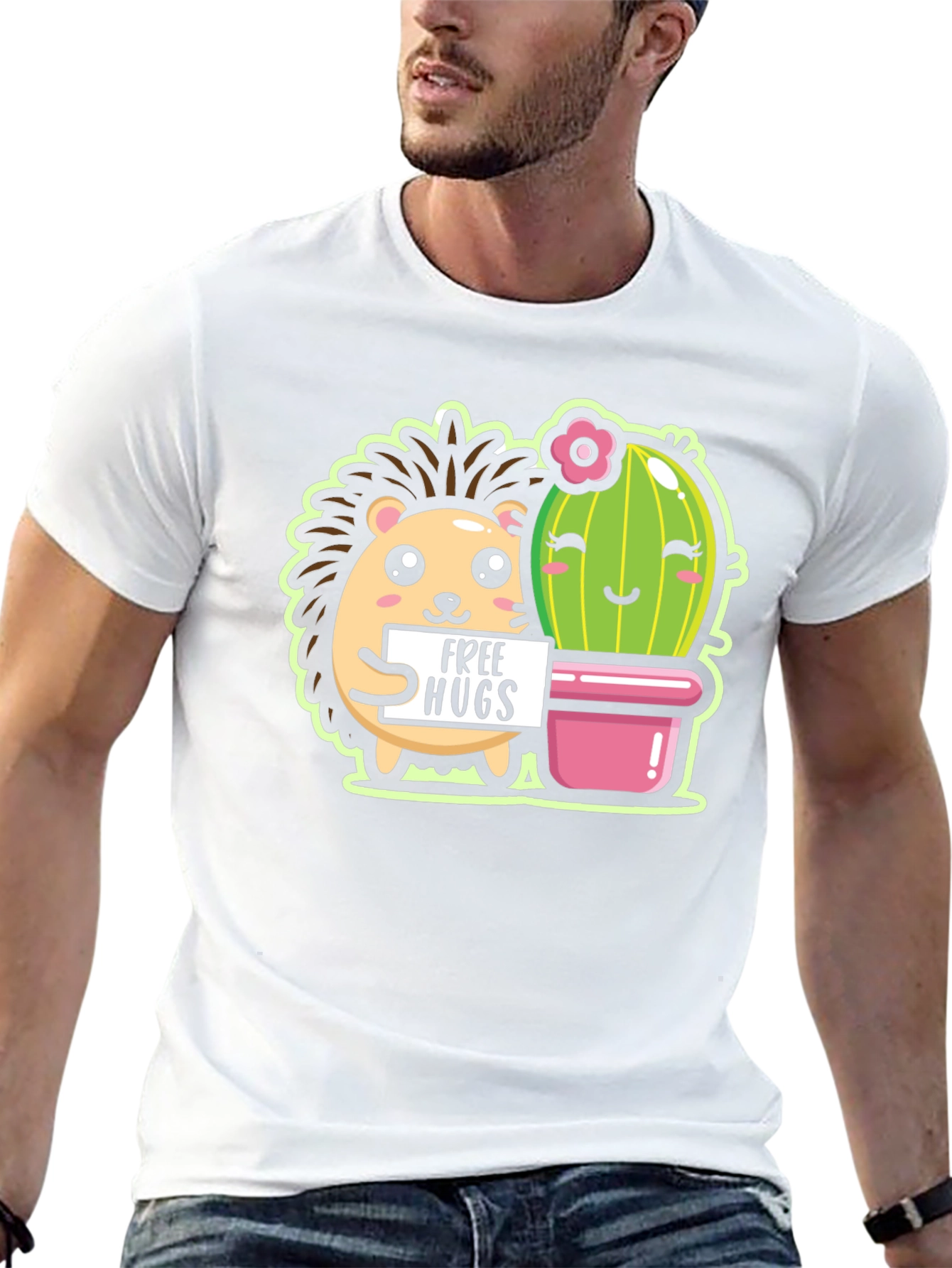 Cute Hedgehog & Cactus Free Hugs Black T-Shirt