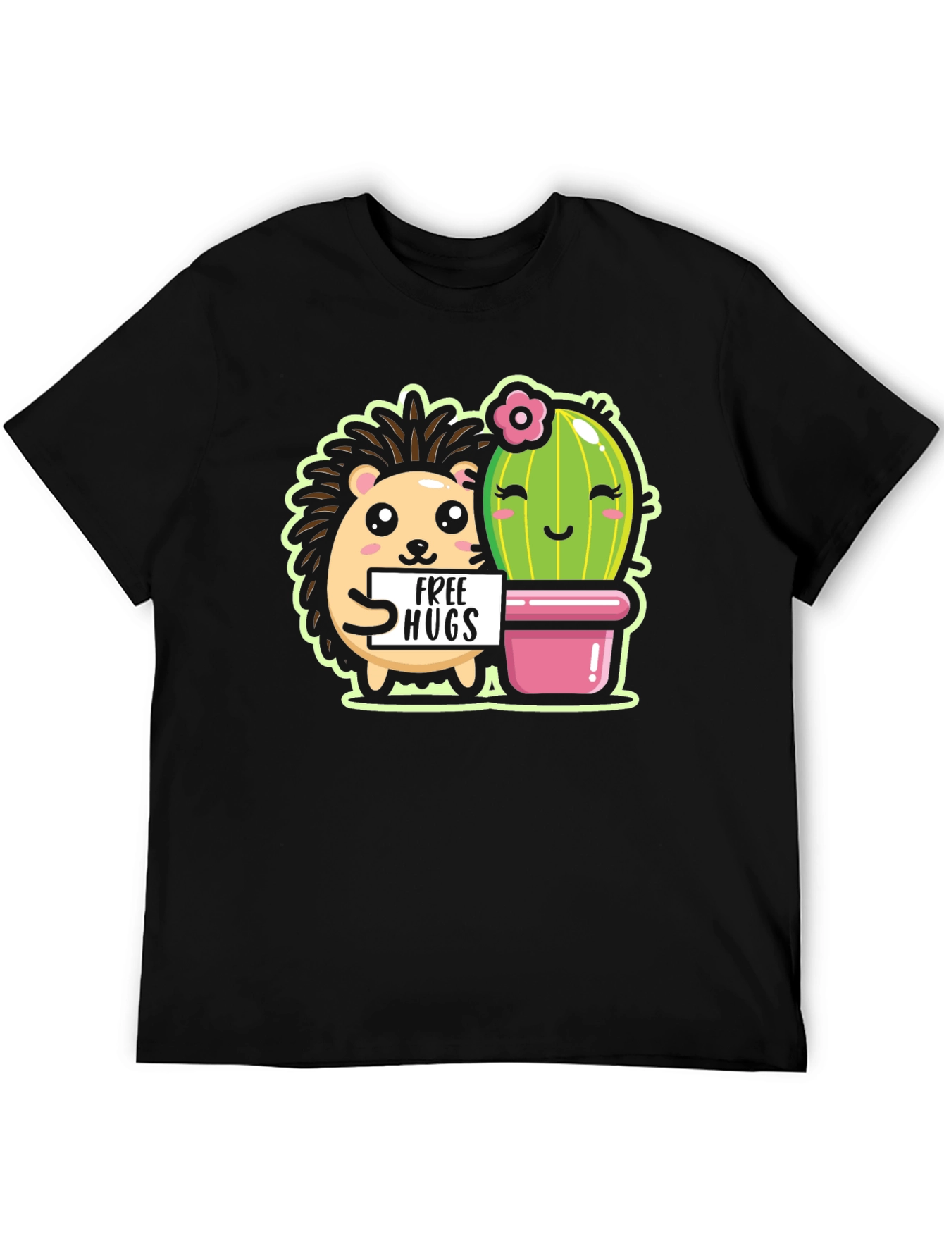 Cute Hedgehog & Cactus Free Hugs Black T-Shirt