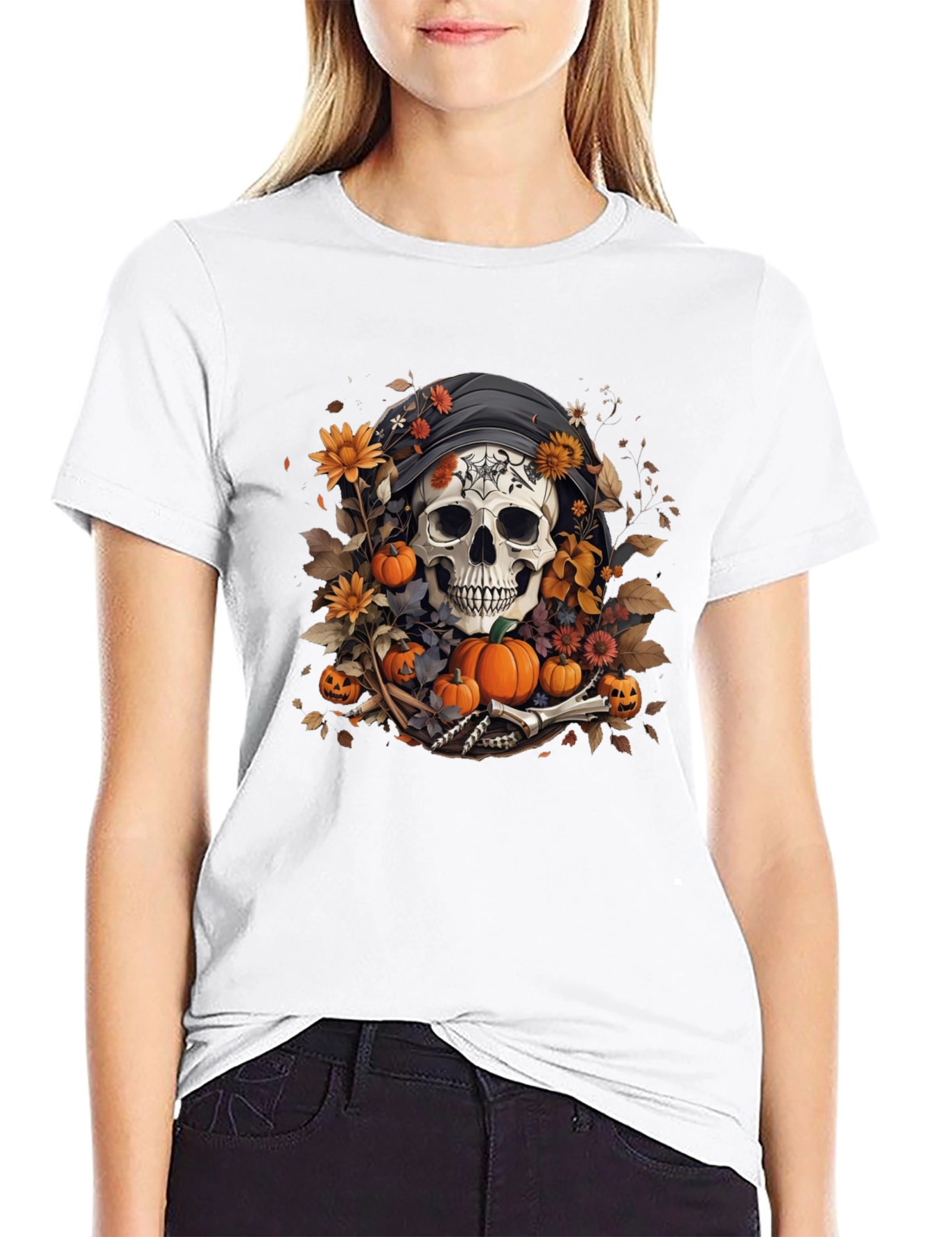 Halloween Skull T-Shirt: Floral Pumpkin Reaper Design