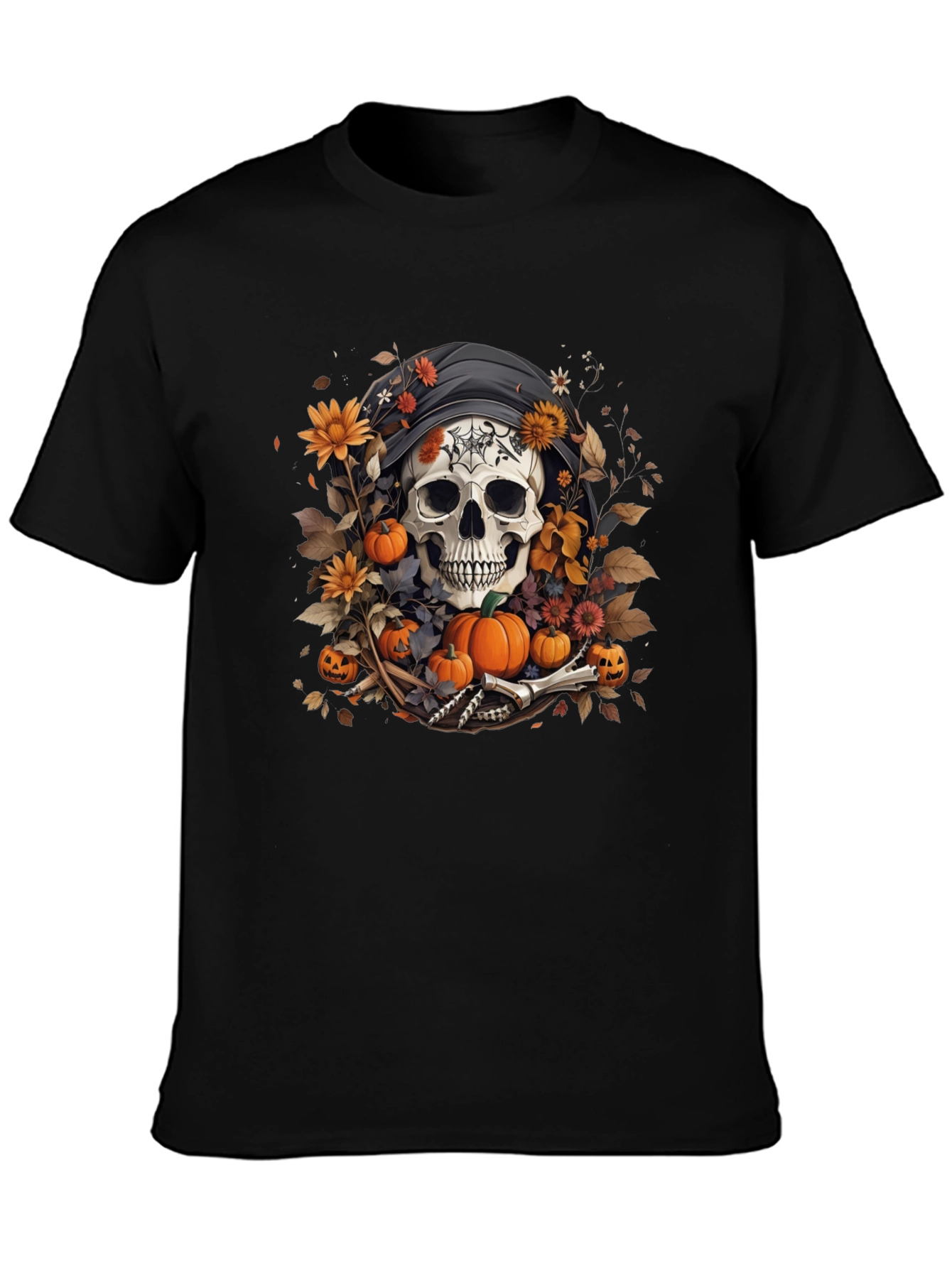 Halloween Skull T-Shirt: Floral Pumpkin Reaper Design