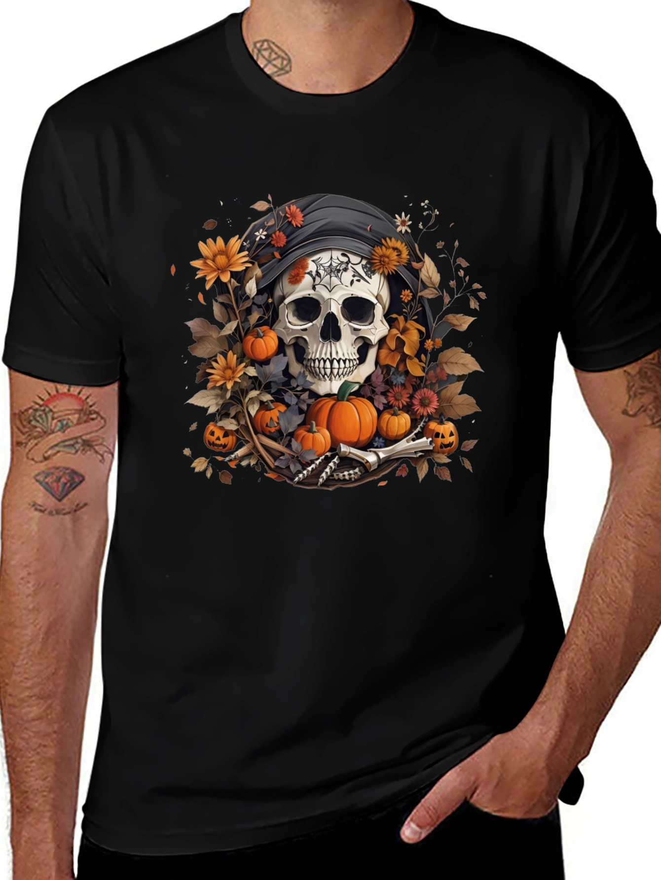 Halloween Skull T-Shirt: Floral Pumpkin Reaper Design