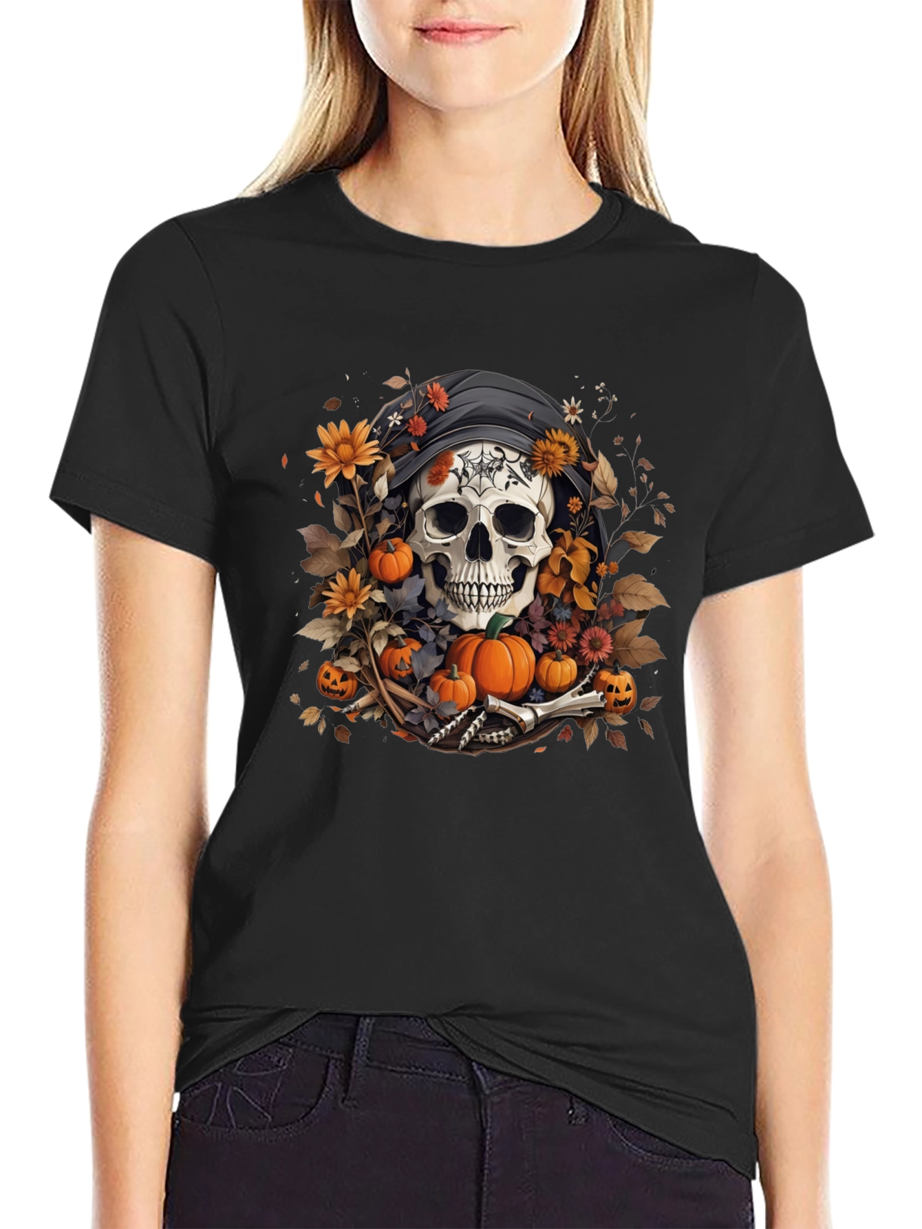 Halloween Skull T-Shirt: Floral Pumpkin Reaper Design