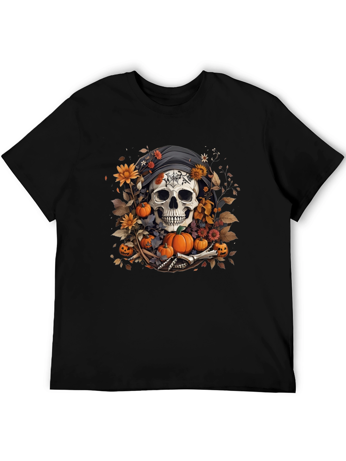 Halloween Skull T-Shirt: Floral Pumpkin Reaper Design