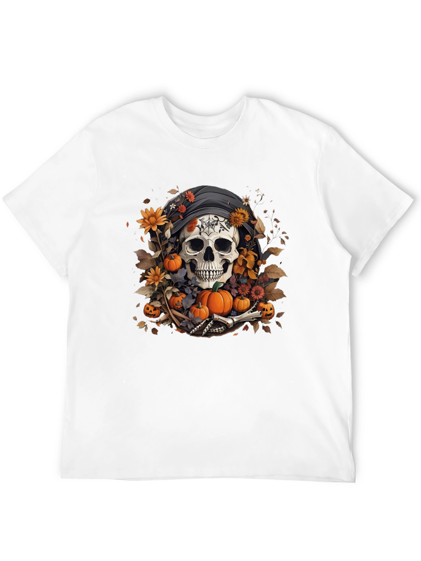 Halloween Skull T-Shirt: Floral Pumpkin Reaper Design