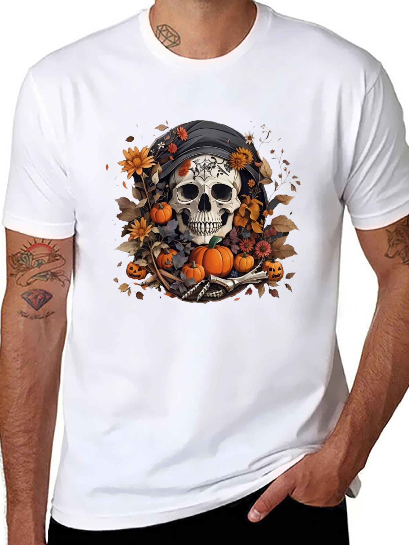 Halloween Skull T-Shirt: Floral Pumpkin Reaper Design