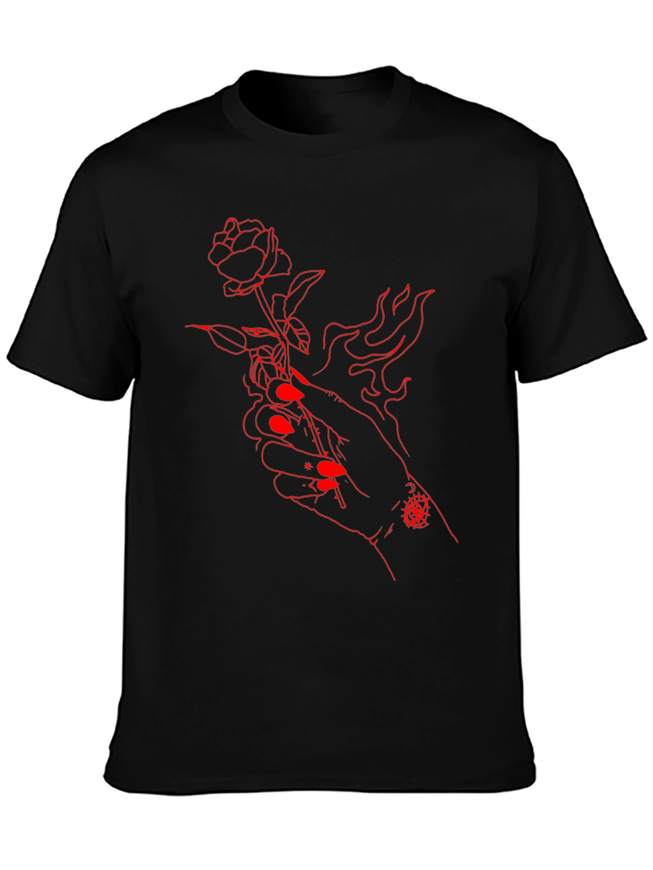 Red Rose Hand Graphic Black Tee