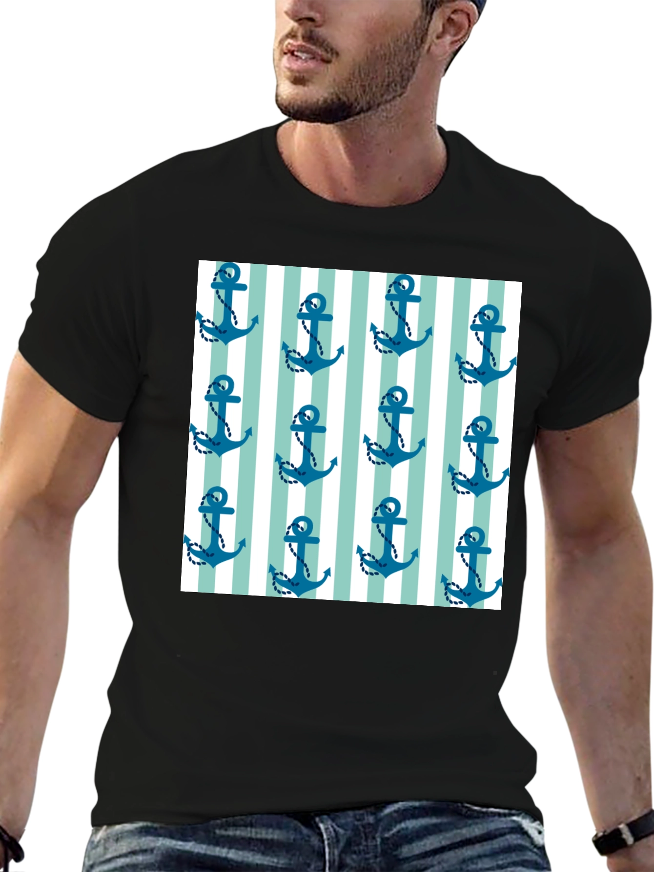 Nautical Anchor Striped Pattern Black Tee