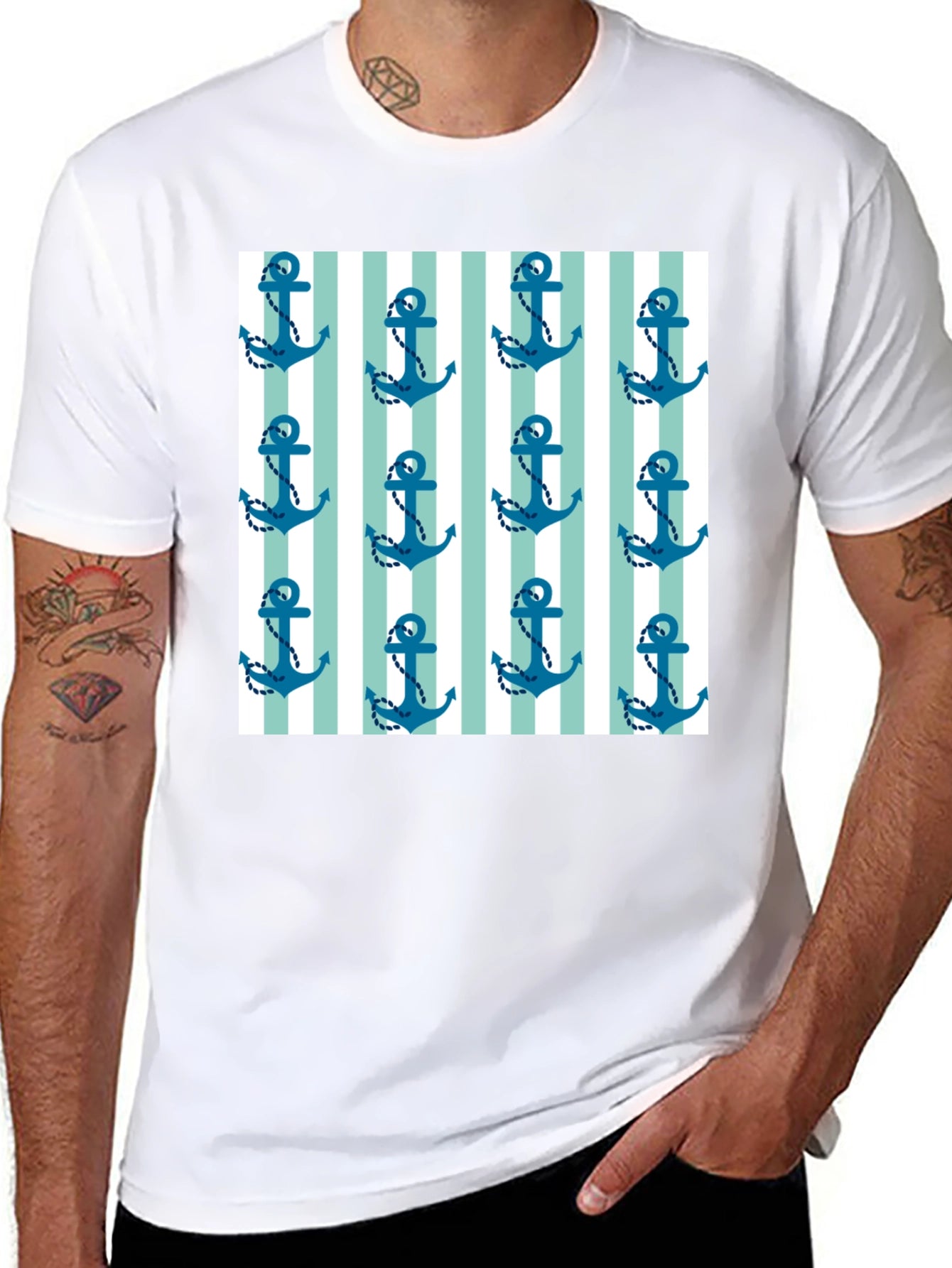 Nautical Anchor Striped Pattern Black Tee