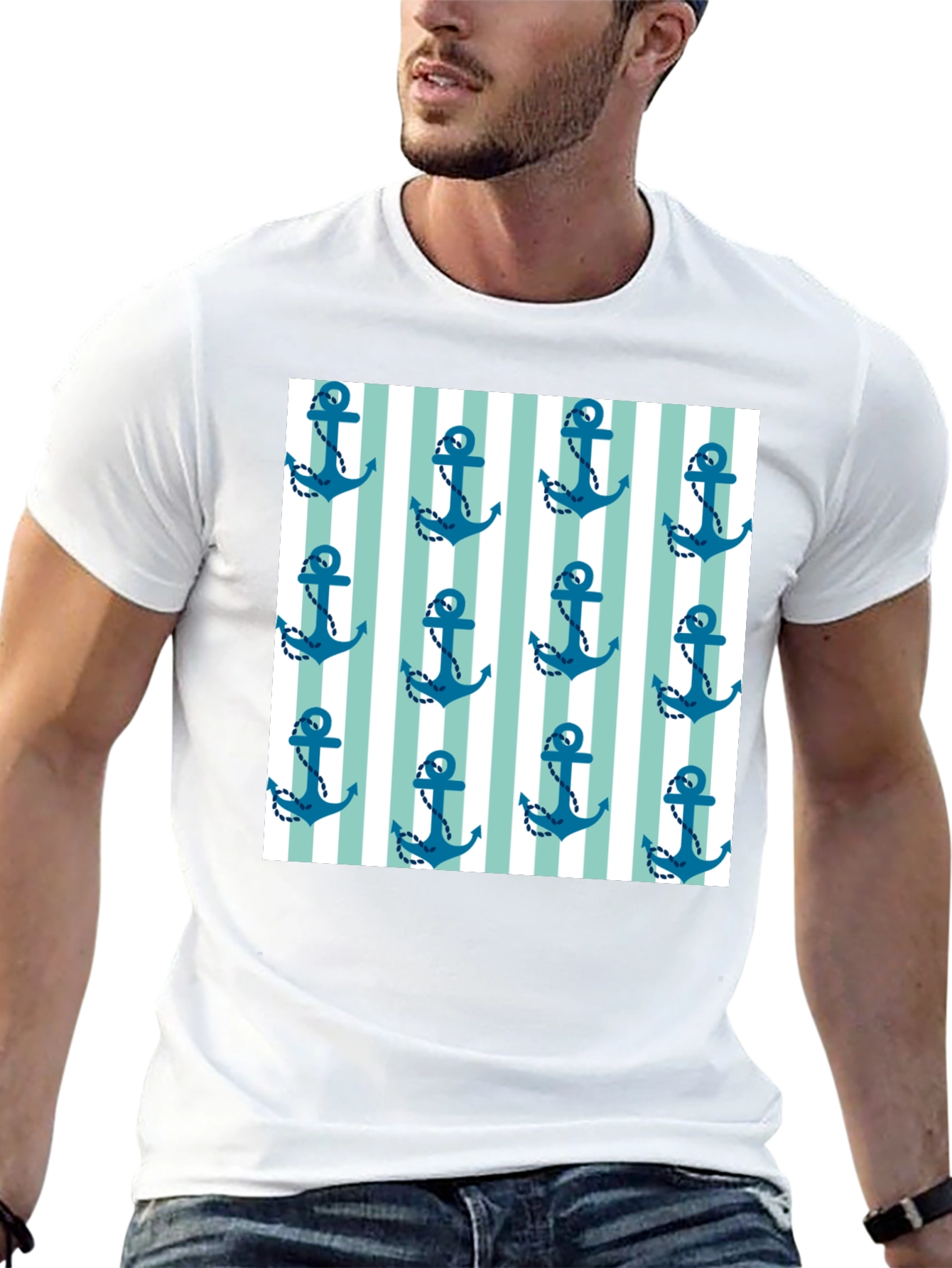 Nautical Anchor Striped Pattern Black Tee