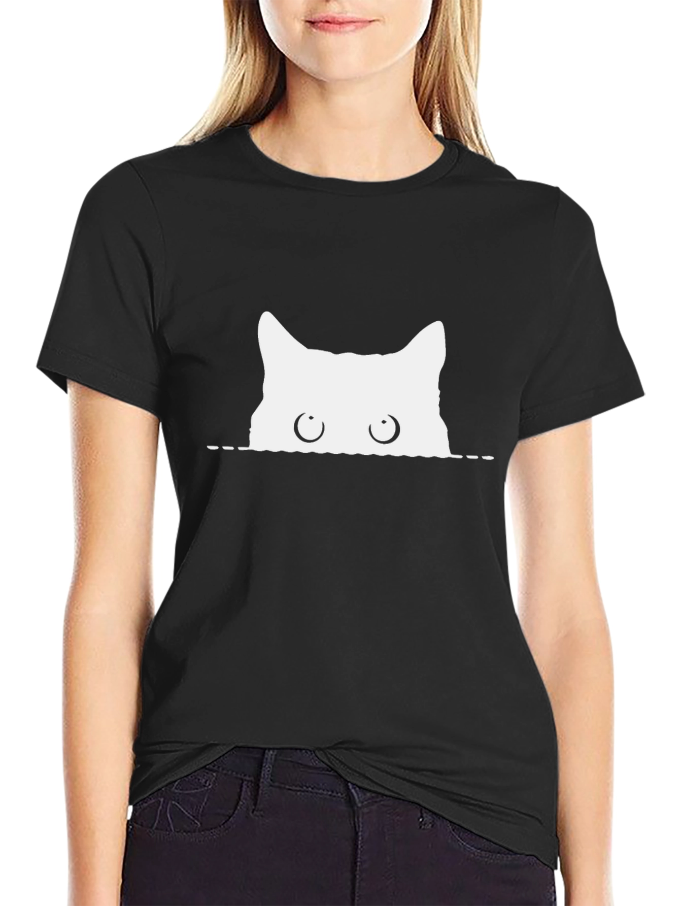 Peeking Cat Graphic Tee - Black Cotton T-Shirt