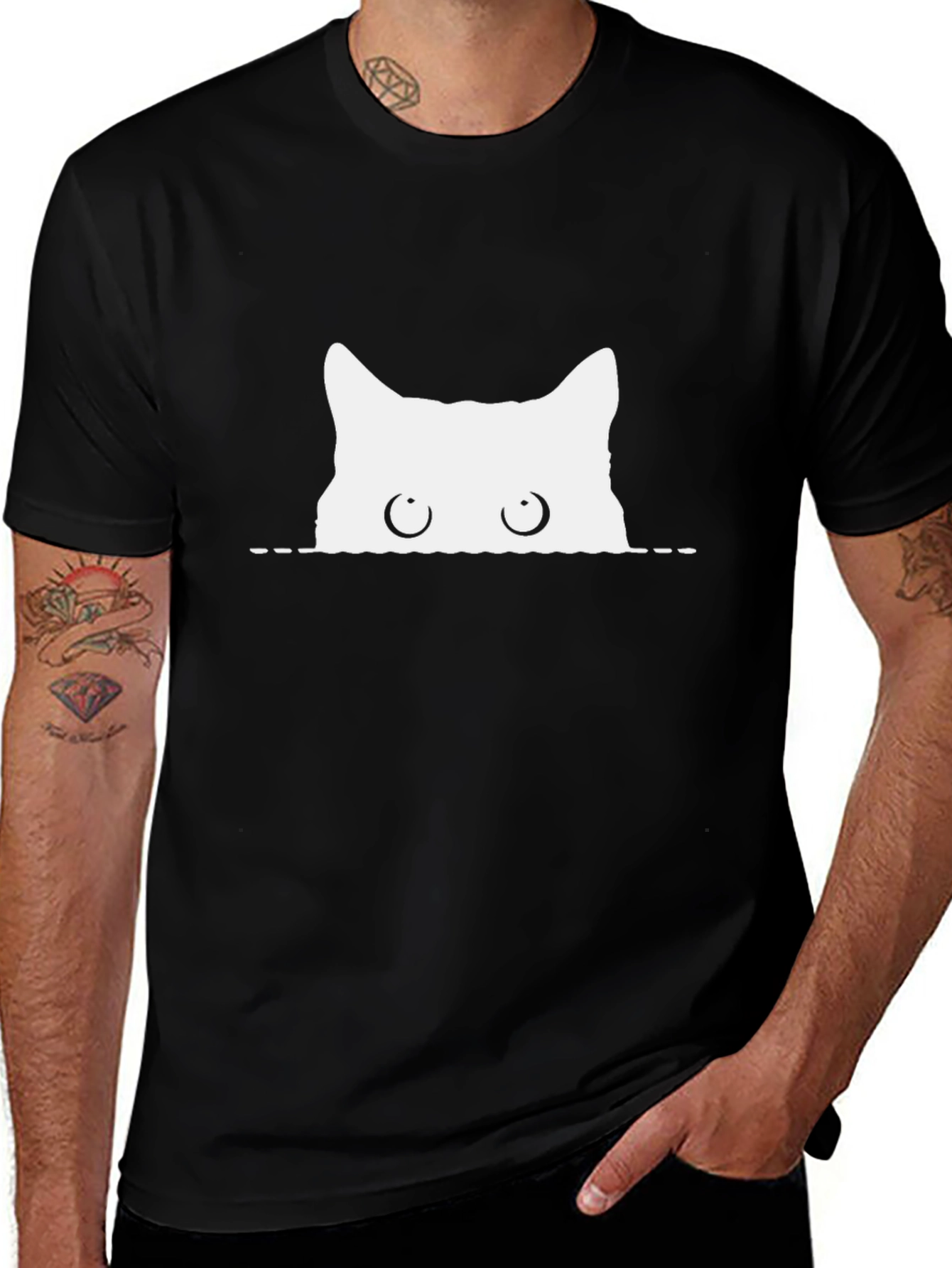 Peeking Cat Graphic Tee - Black Cotton T-Shirt