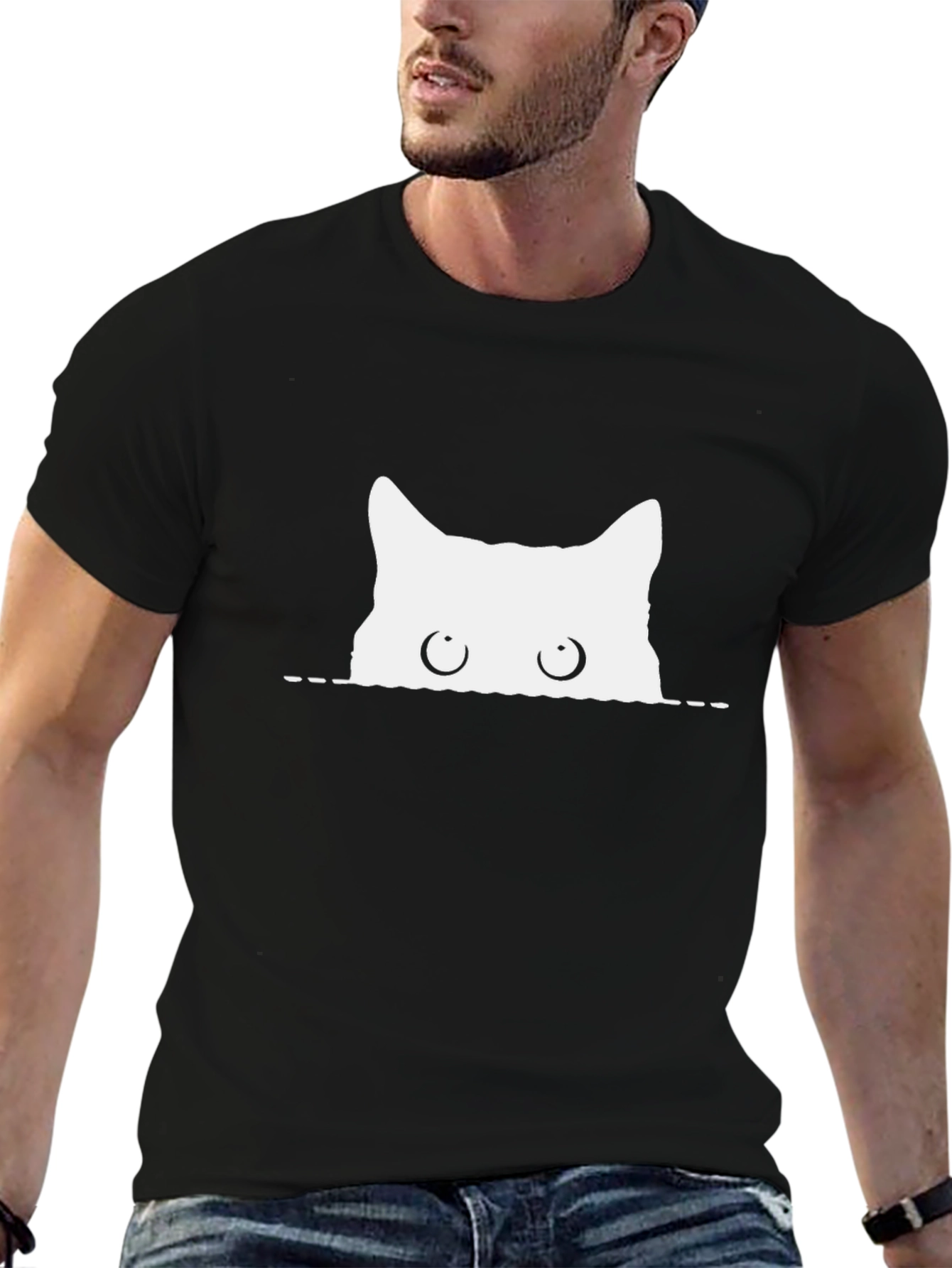 Peeking Cat Graphic Tee - Black Cotton T-Shirt