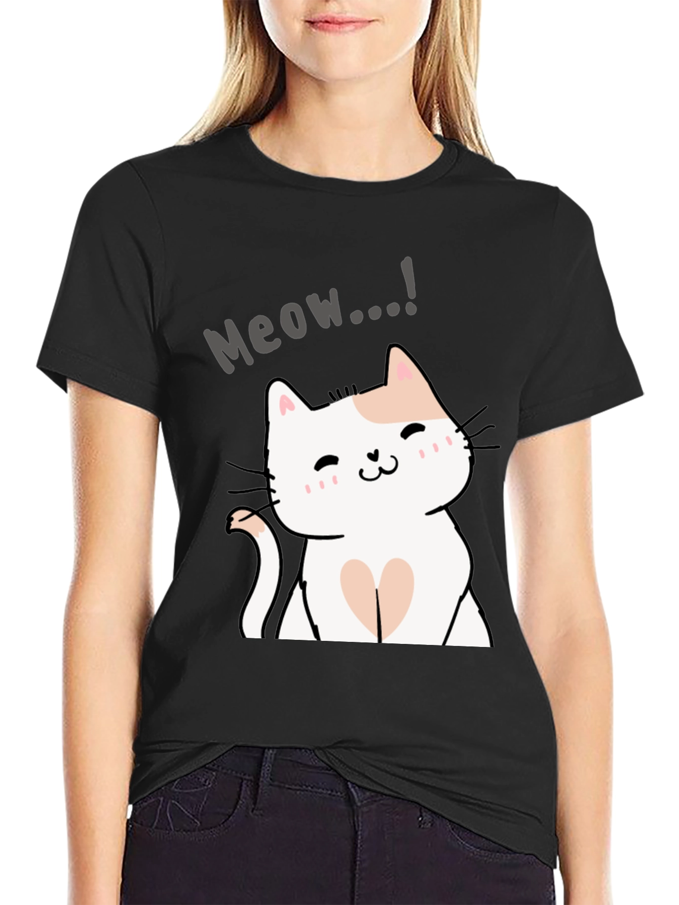 Cute Meow Cat Graphic Black T-Shirt