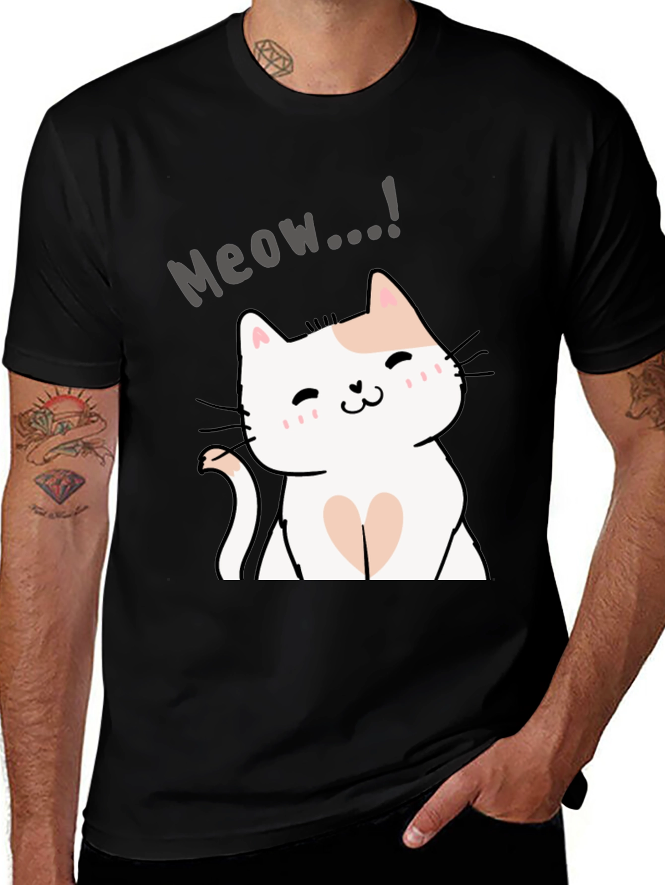 Cute Meow Cat Graphic Black T-Shirt