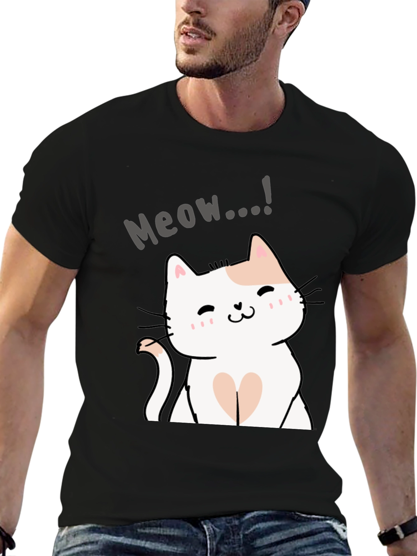 Cute Meow Cat Graphic Black T-Shirt