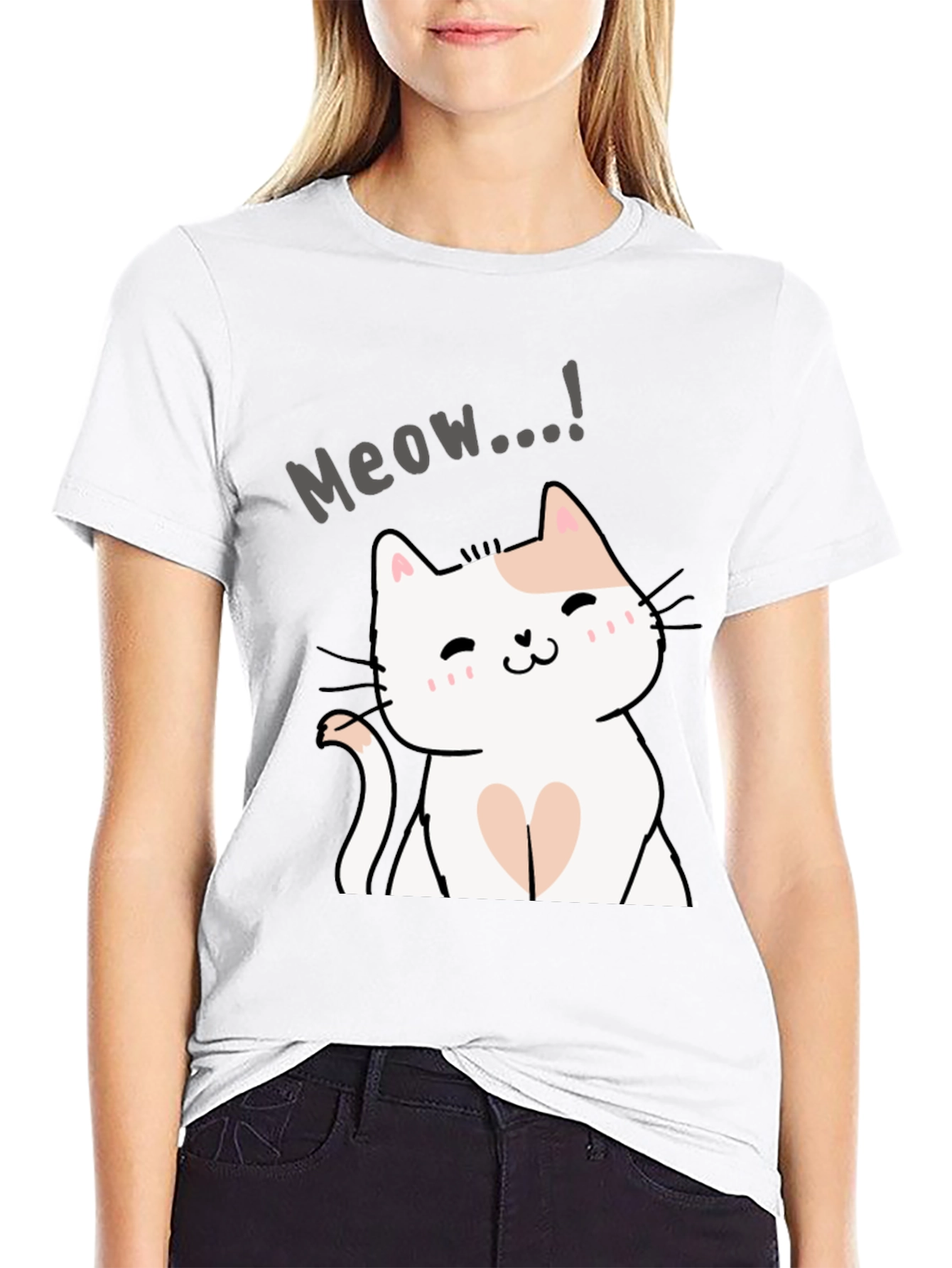 Cute Meow Cat Graphic Black T-Shirt