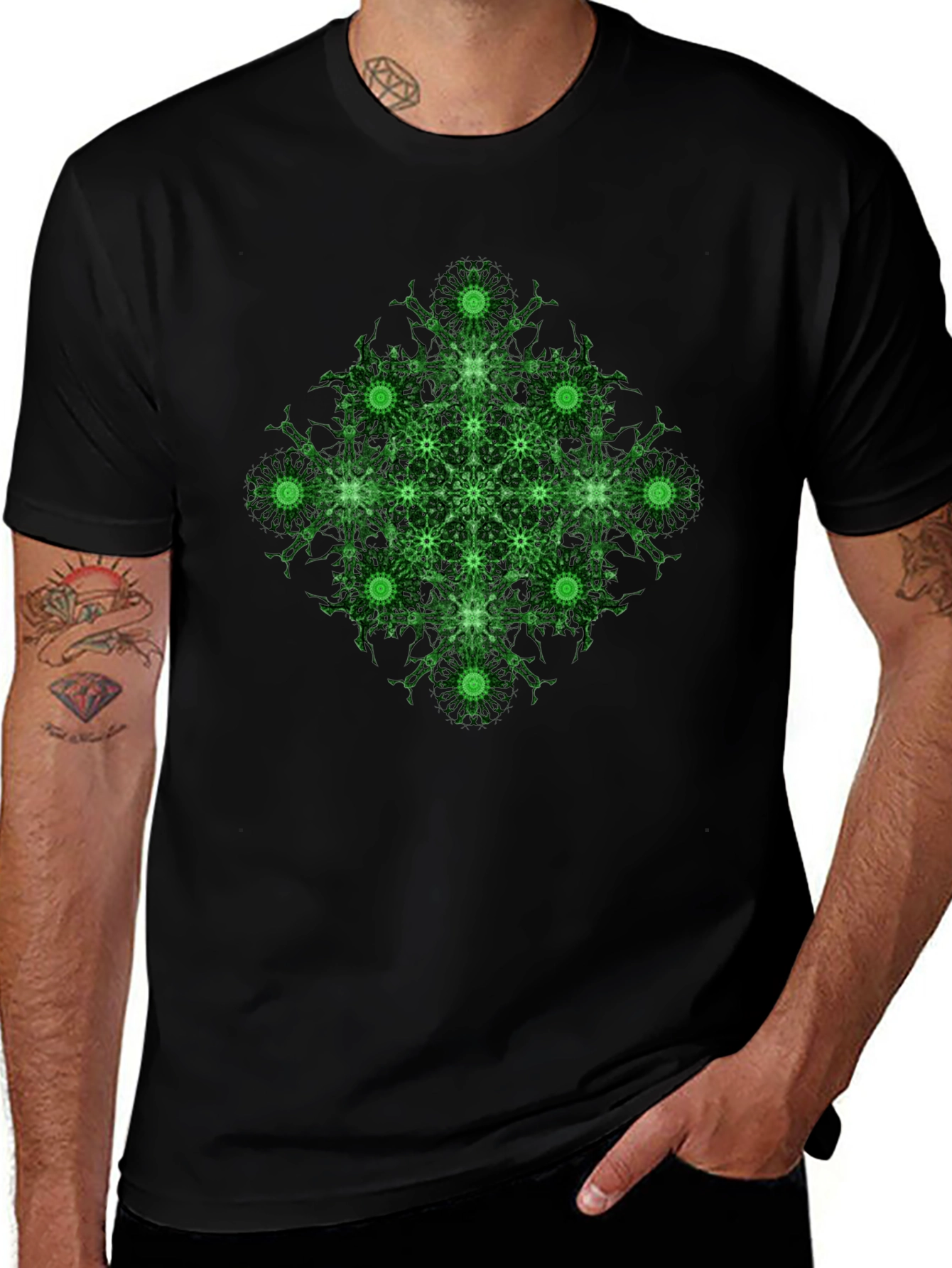 Geometric Green Pattern Black T-Shirt
