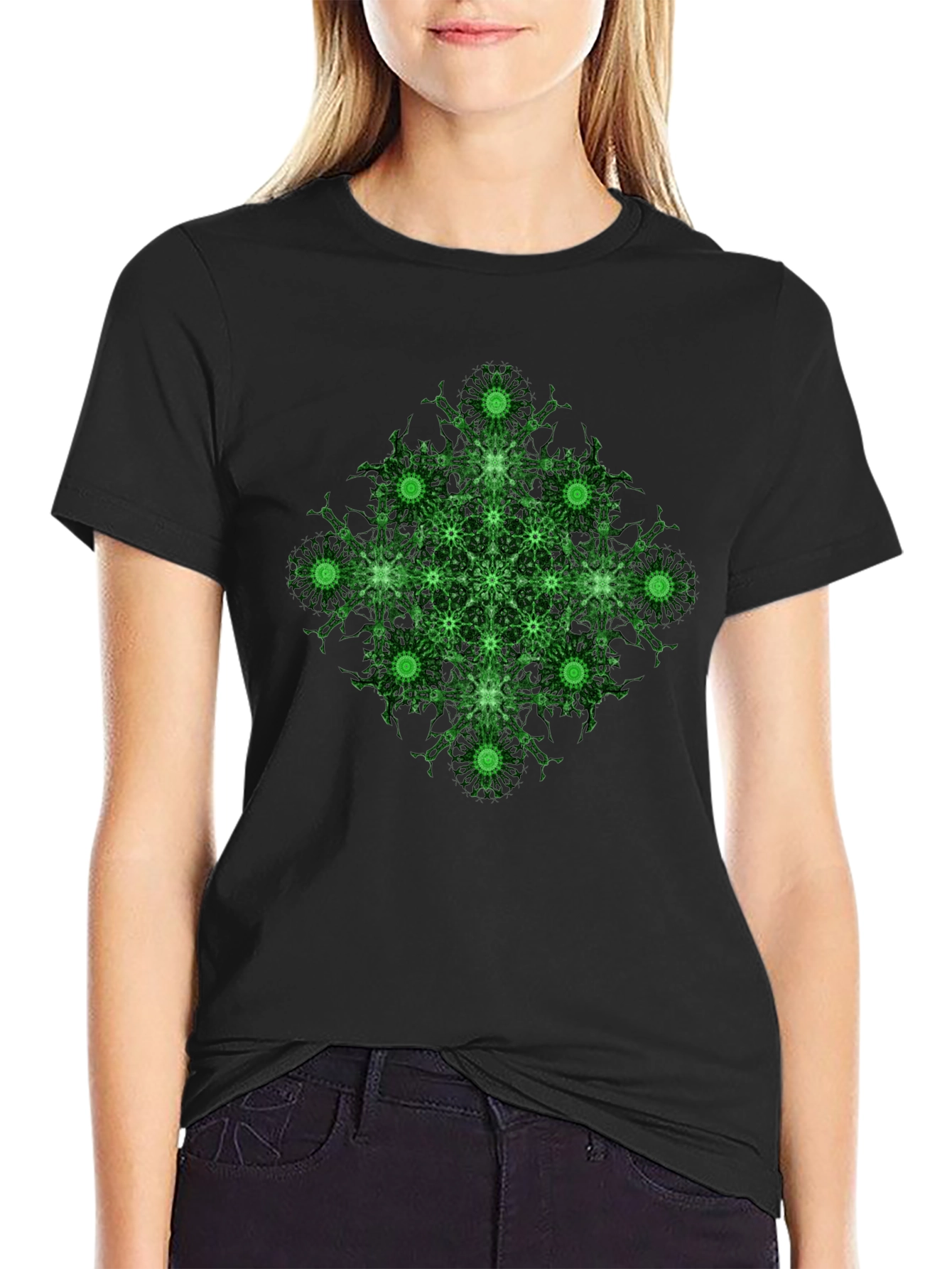 Geometric Green Pattern Black T-Shirt