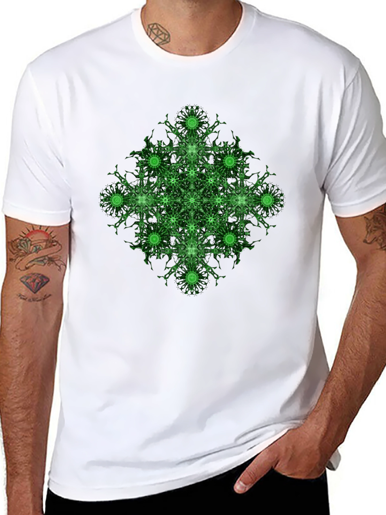 Geometric Green Pattern Black T-Shirt