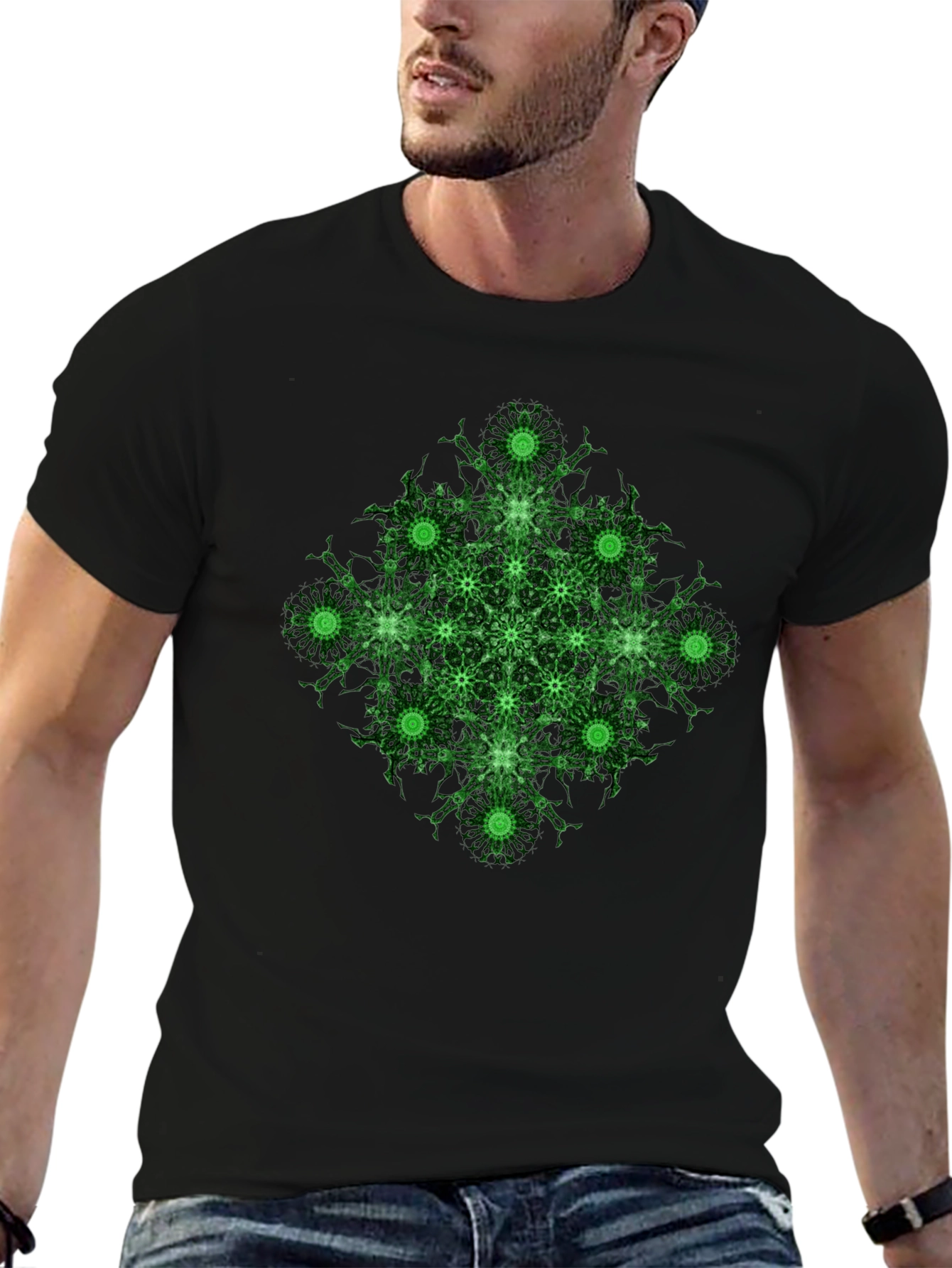 Geometric Green Pattern Black T-Shirt