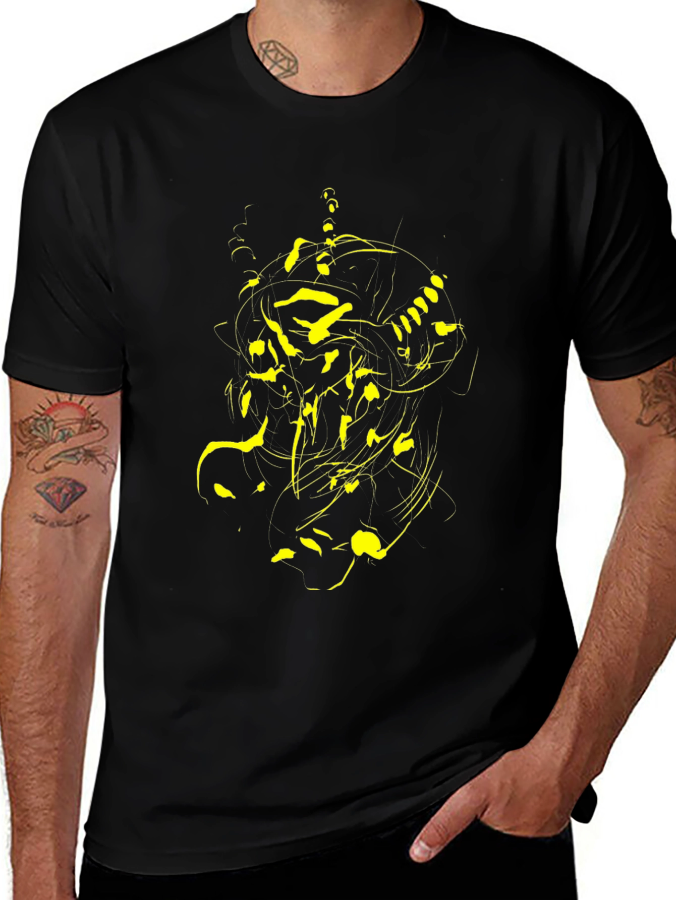 Abstract Yellow Graphic Print Black T-Shirt