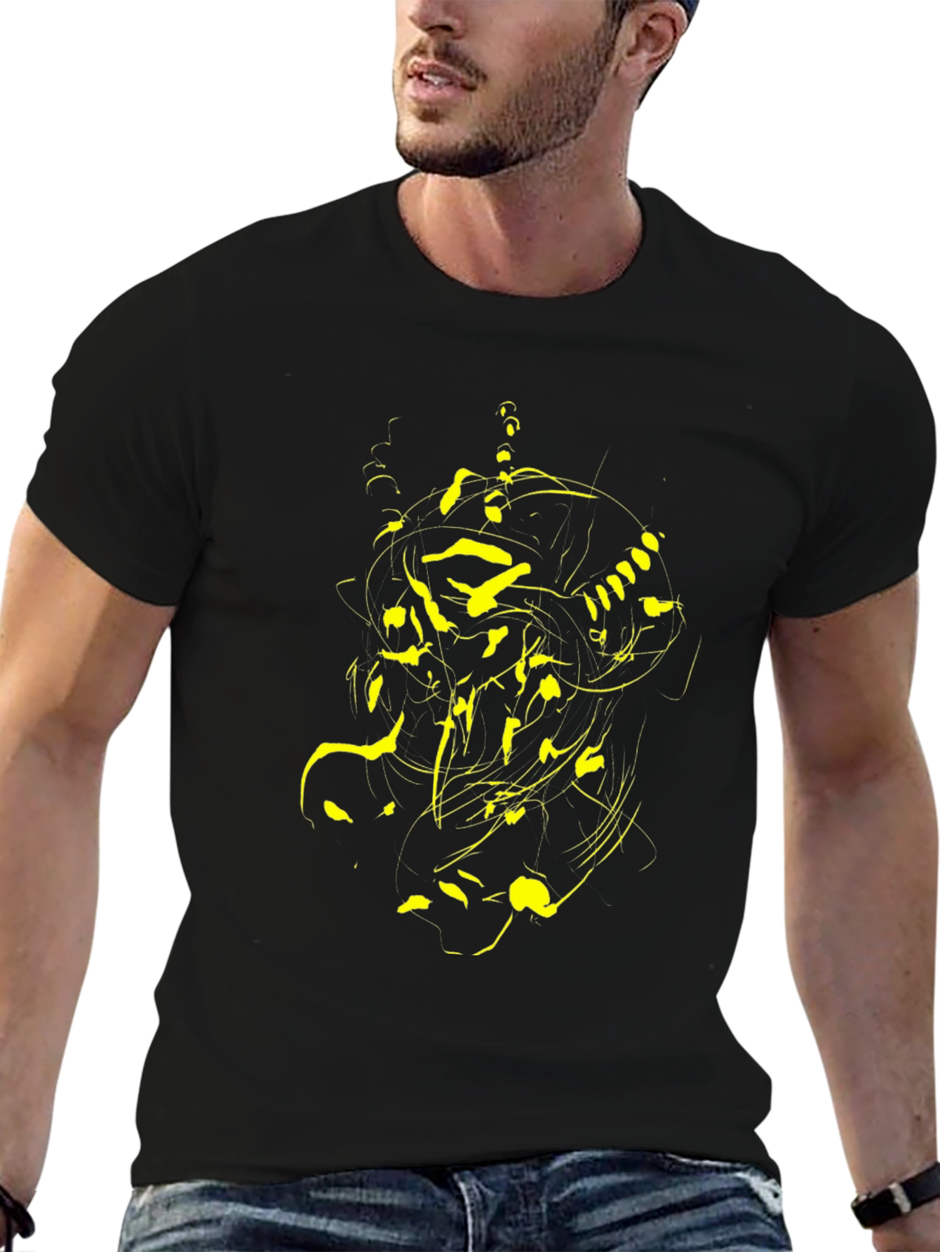 Abstract Yellow Graphic Print Black T-Shirt
