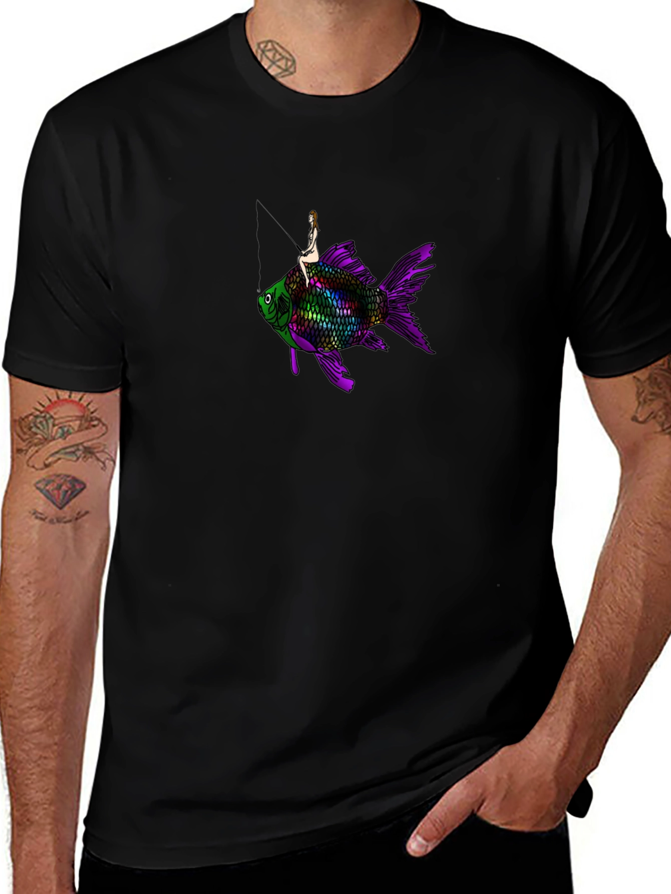 Black T-Shirt w/ Surreal Fish Rider Design