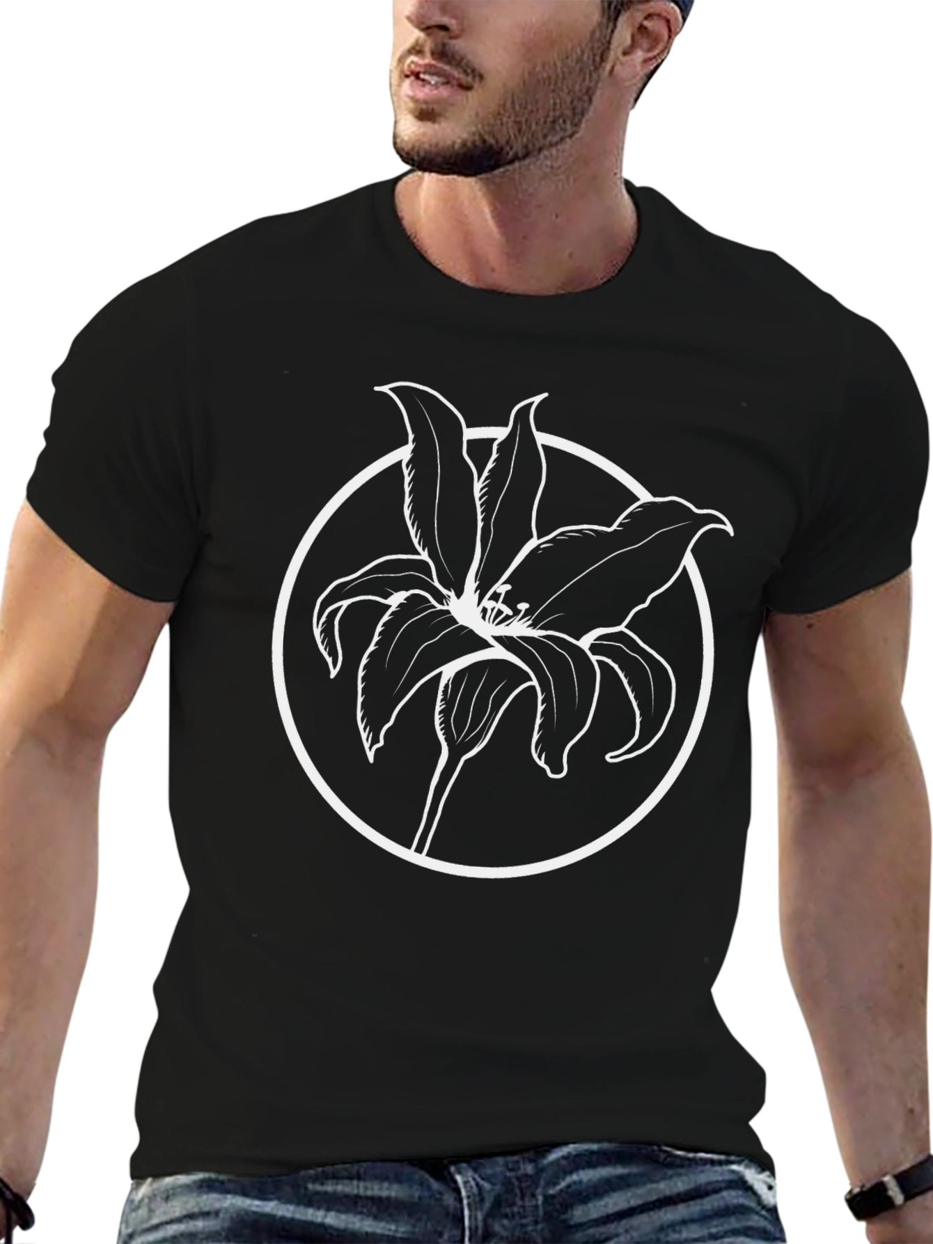Floral Graphic T-Shirt - Lily Design Black Tee