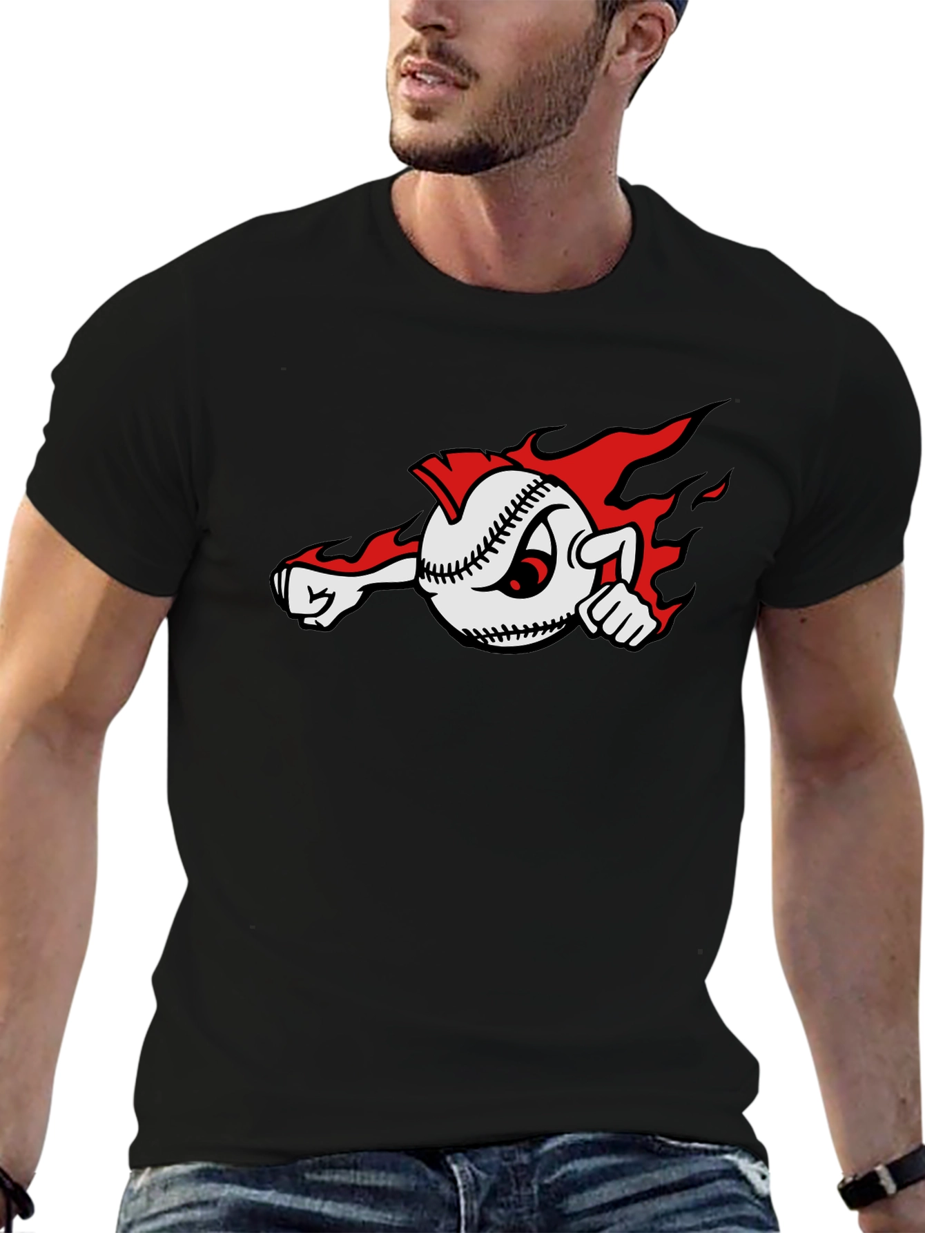 Fiery Baseball Cartoon Graphic T-Shirt