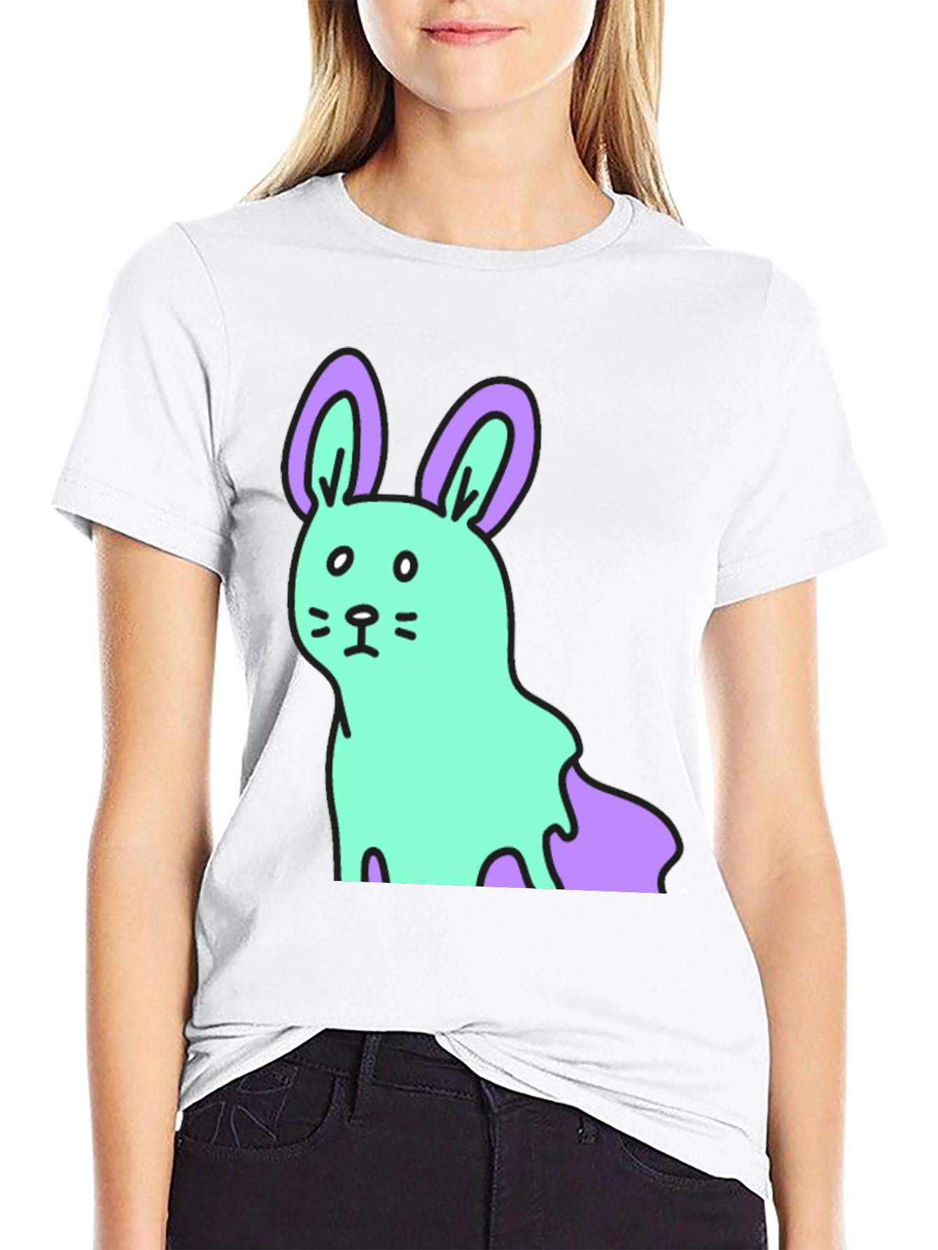 Cartoon Bunny Graphic Tee - Black Cotton Blend Shirt