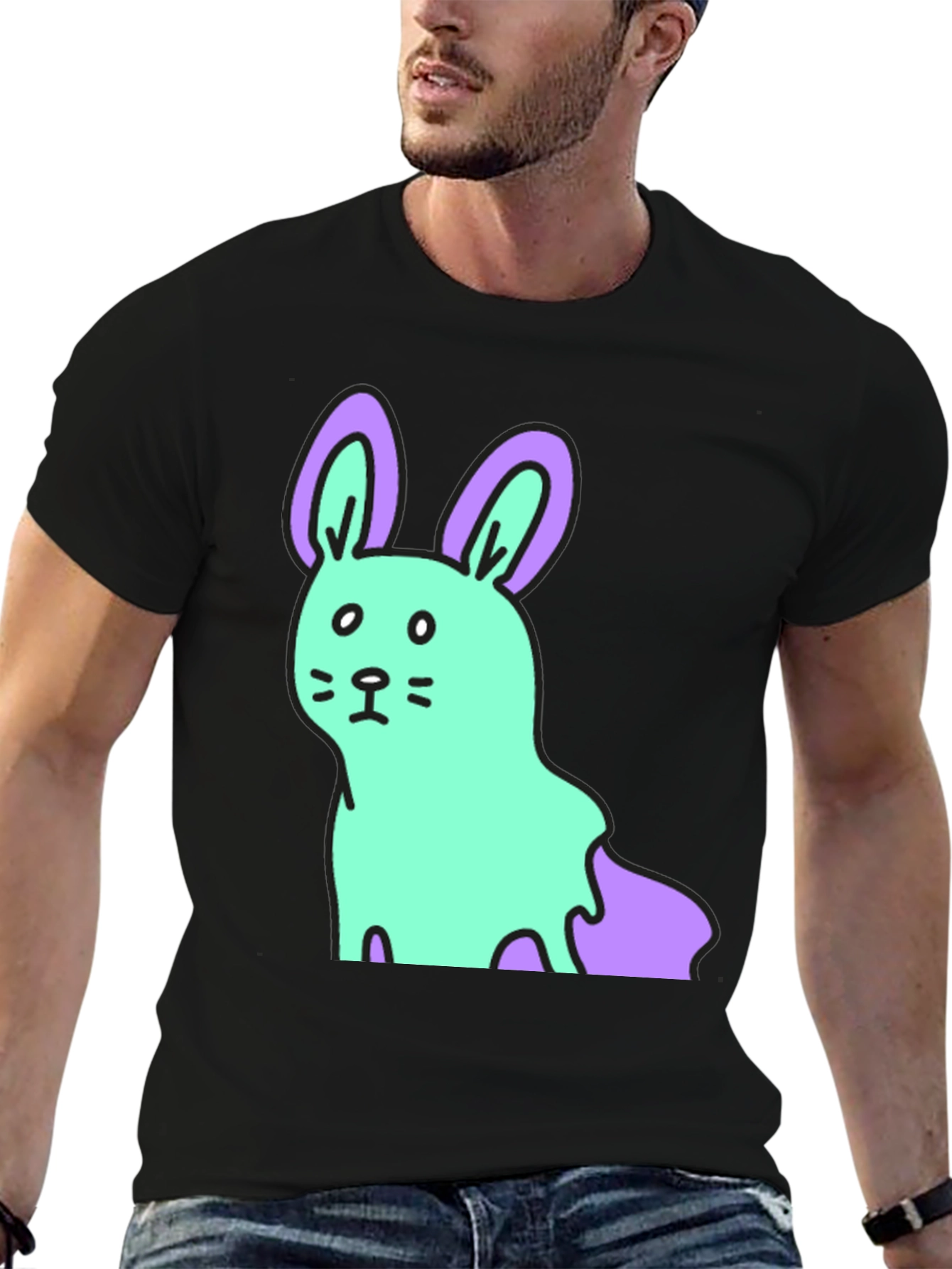 Cartoon Bunny Graphic Tee - Black Cotton Blend Shirt