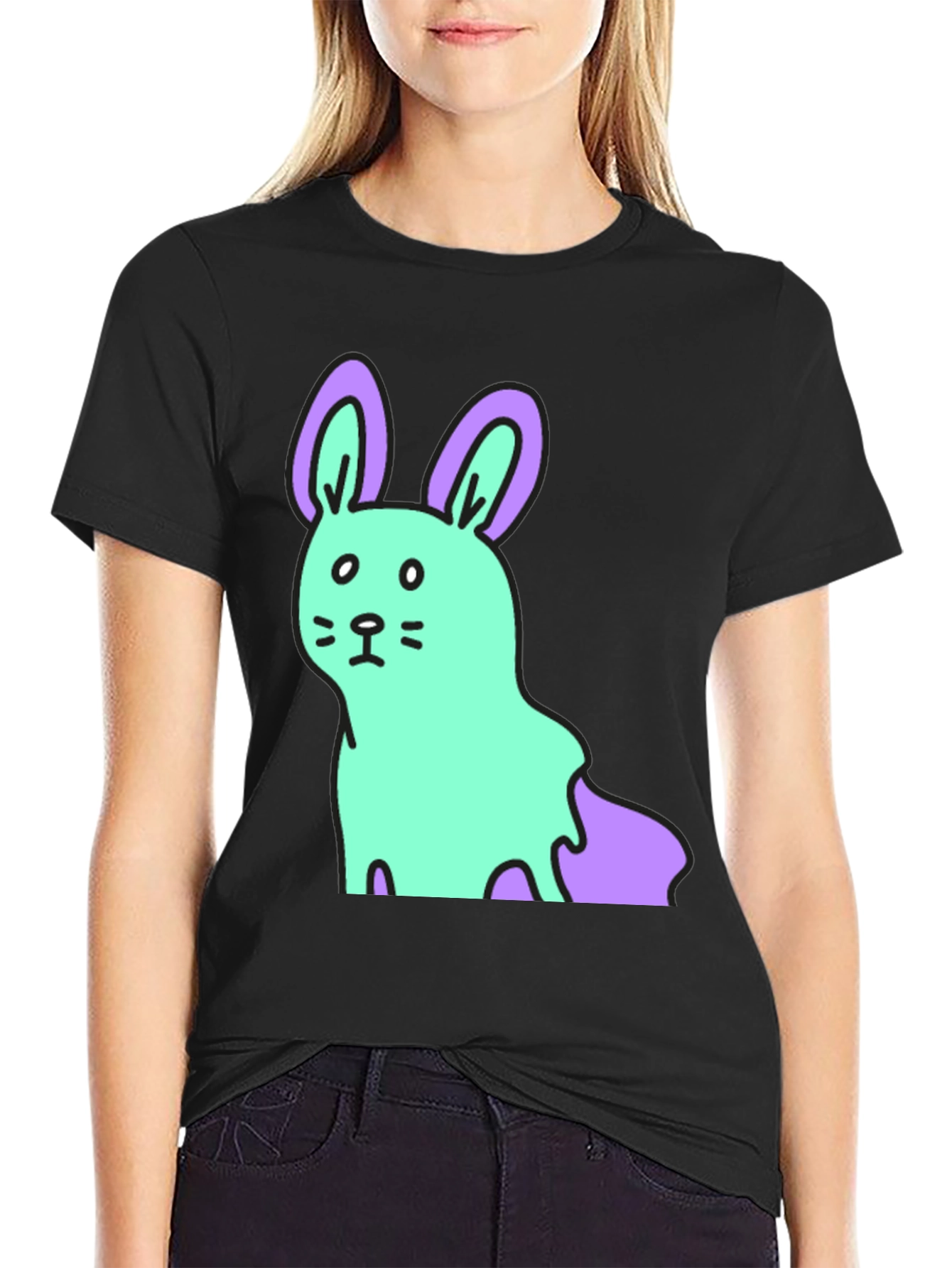 Cartoon Bunny Graphic Tee - Black Cotton Blend Shirt