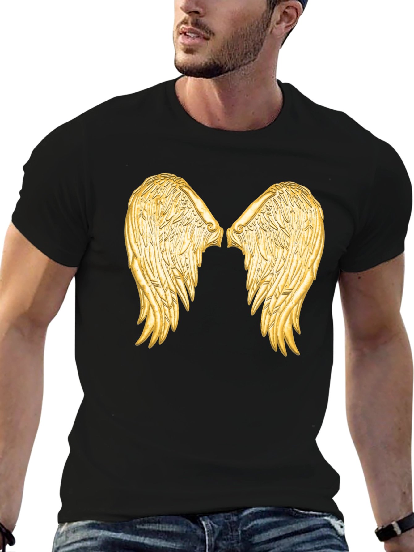 Black Tee with Golden Angel Wings Graphic