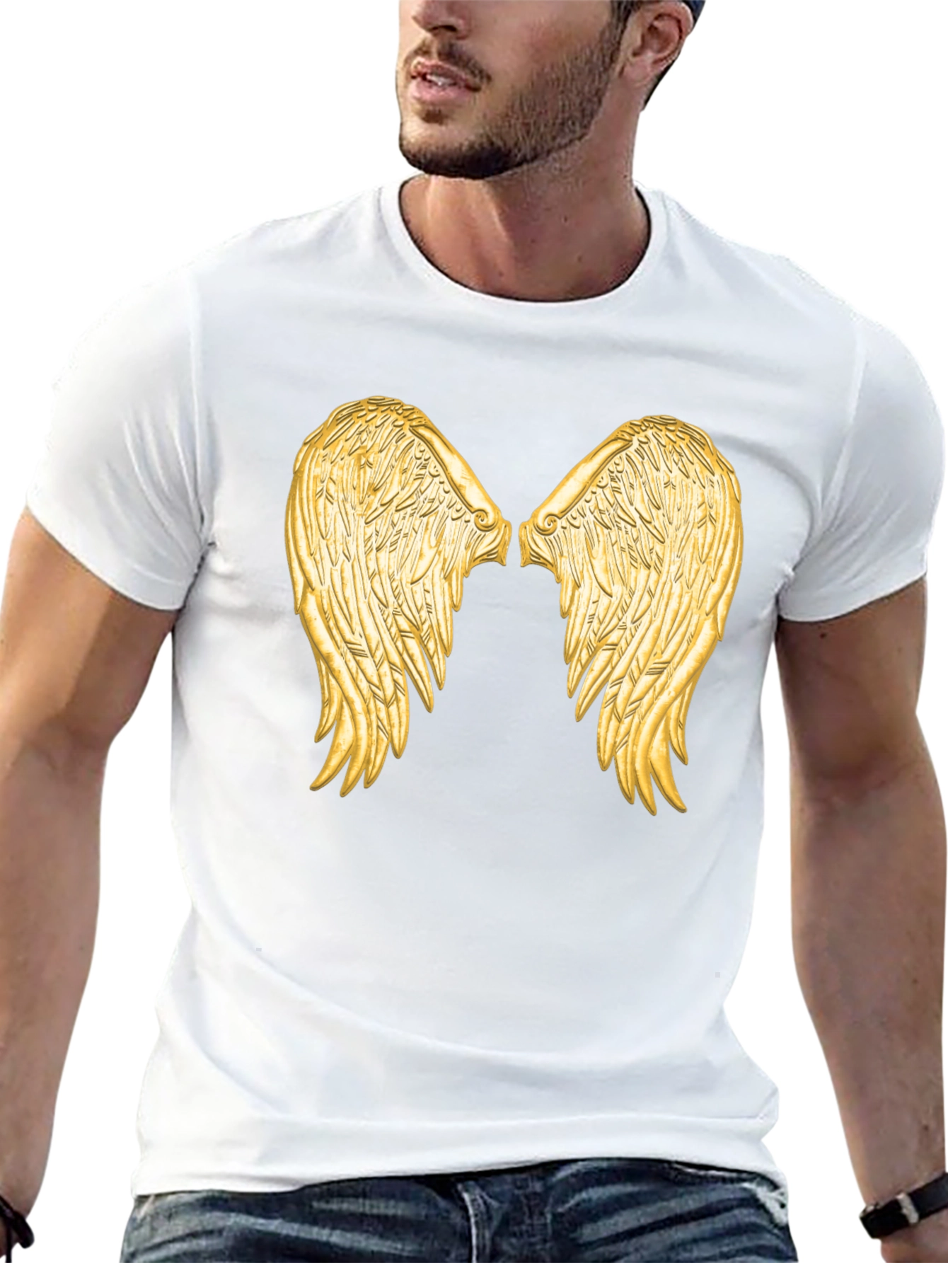 Black Tee with Golden Angel Wings Graphic