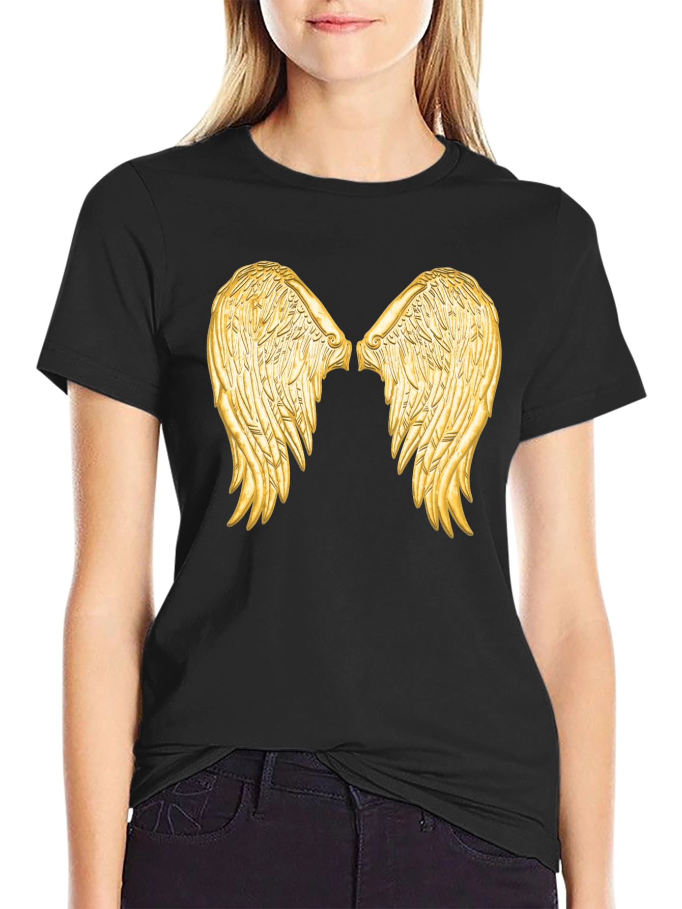 Black Tee with Golden Angel Wings Graphic