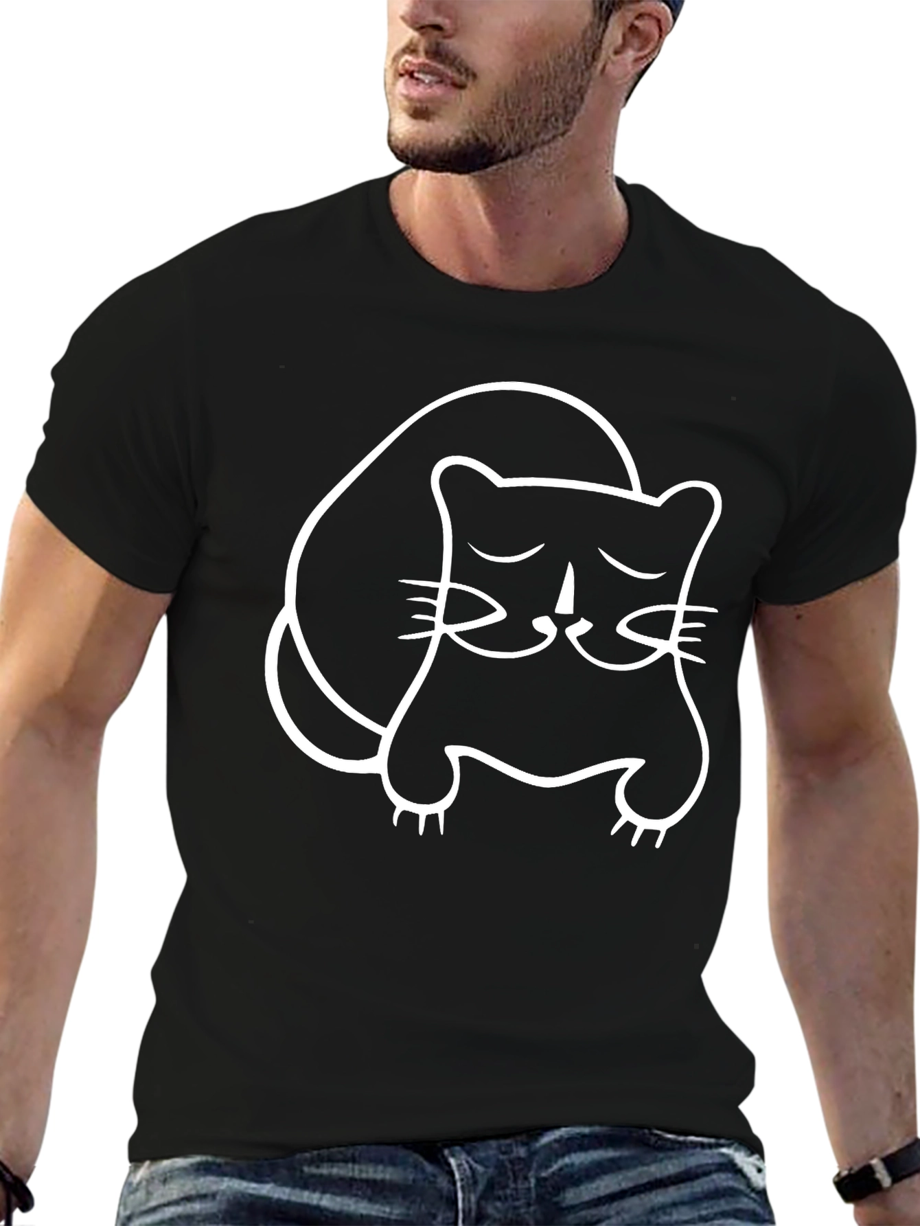 Cute Cat Outline Black T-Shirt