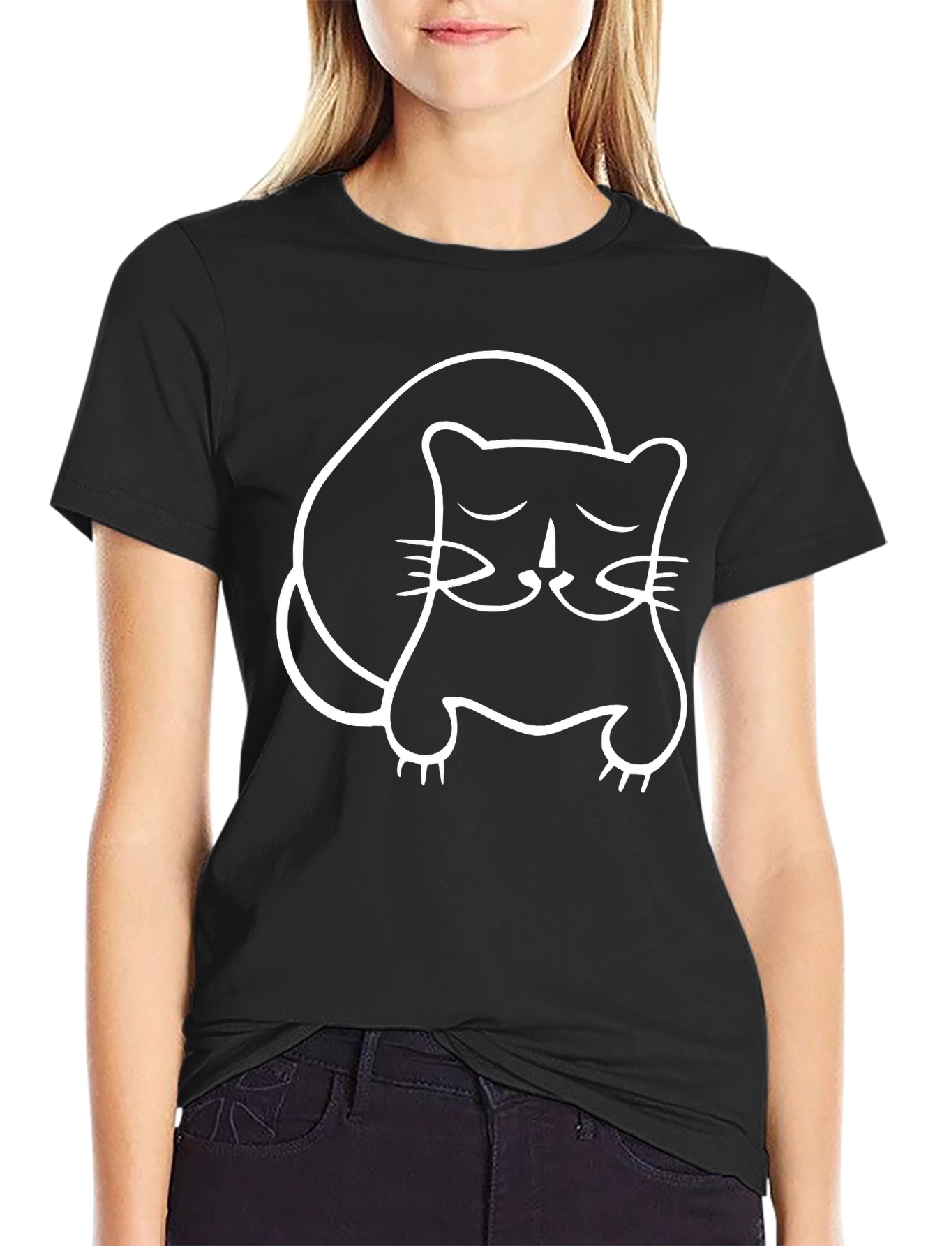 Cute Cat Outline Black T-Shirt