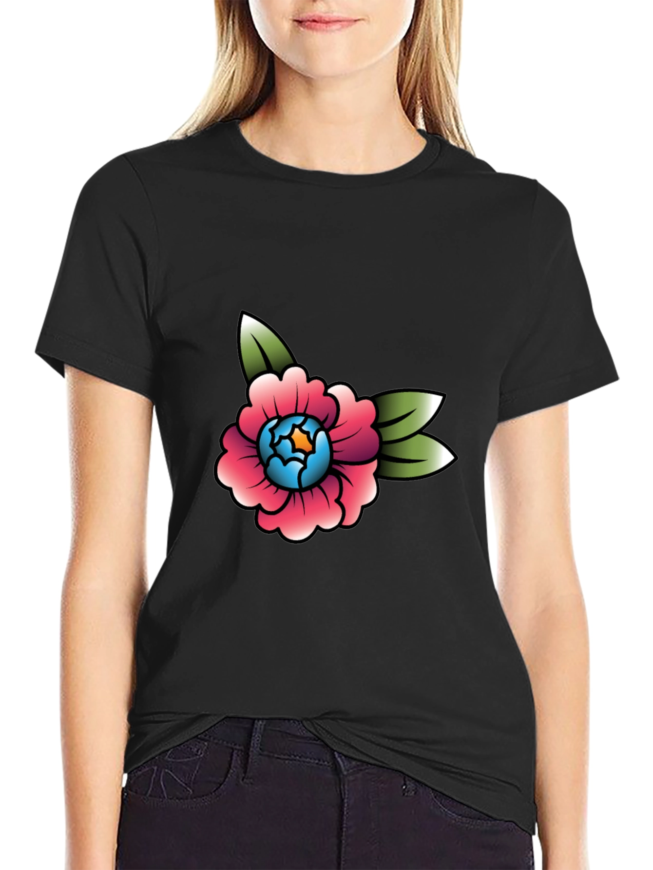 Floral Tattoo Style Graphic Tee - Black Cotton