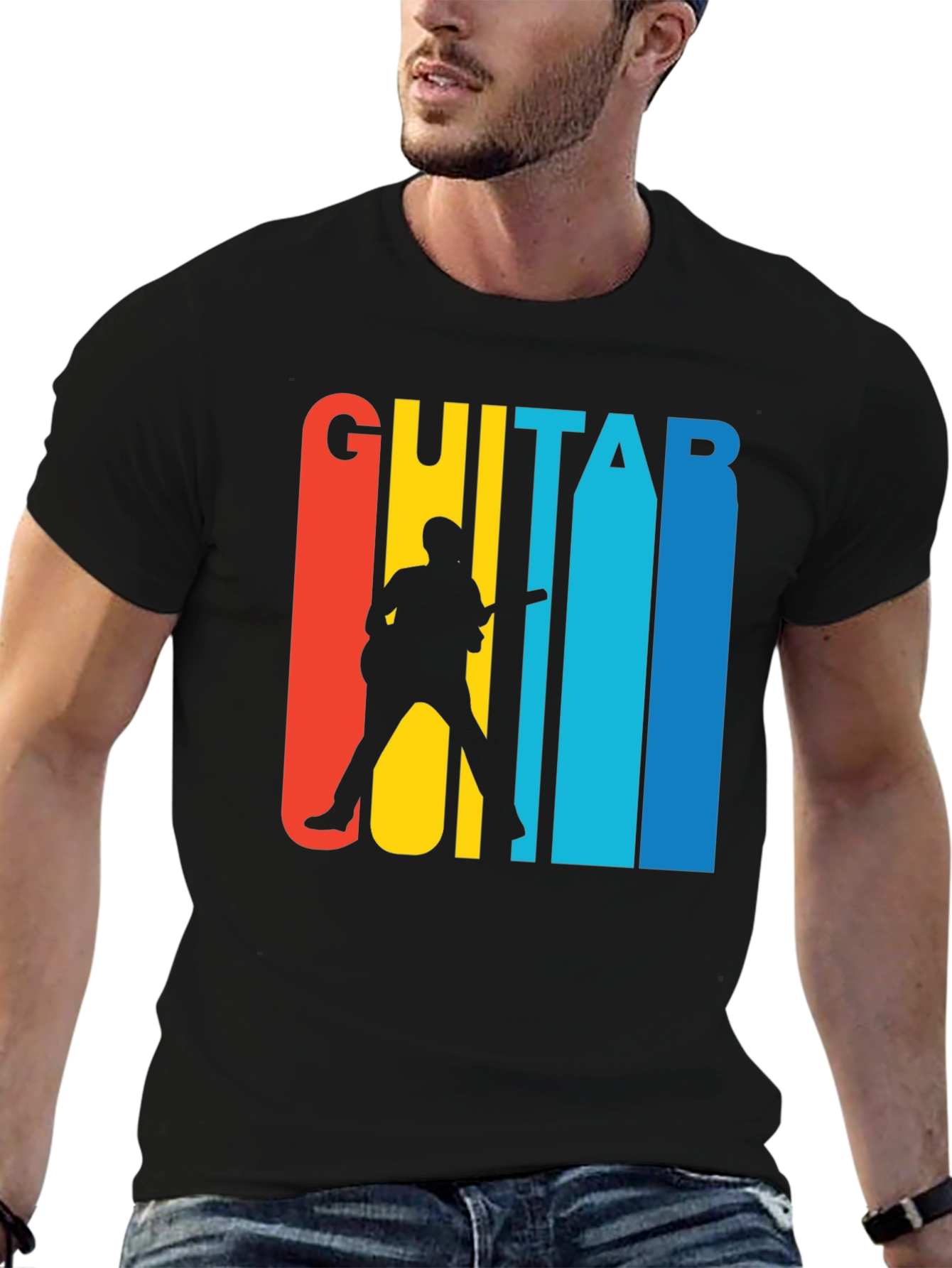 Retro Guitar Player Graphic Tee - Black Cotton T-Shirt