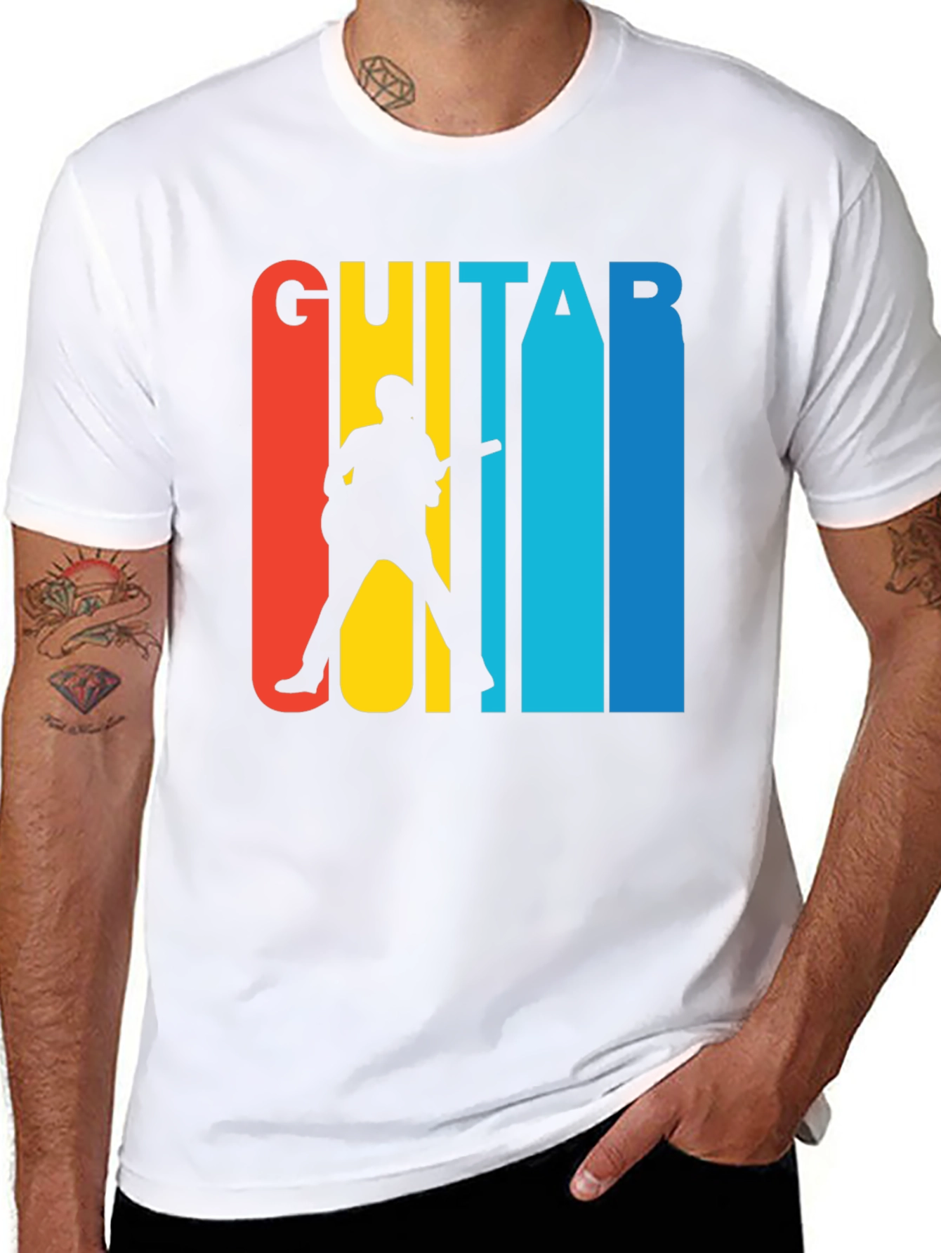 Retro Guitar Player Graphic Tee - Black Cotton T-Shirt