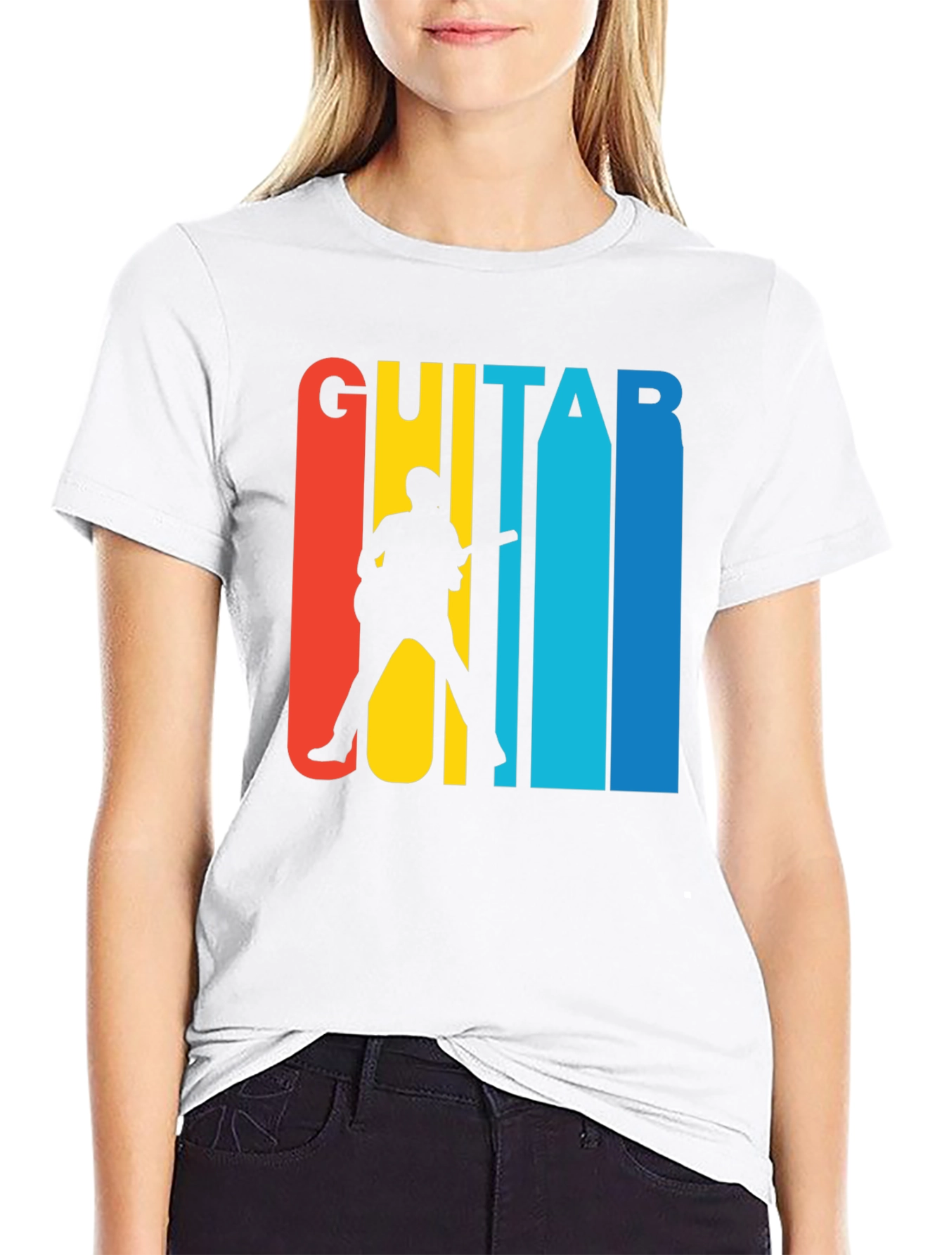 Retro Guitar Player Graphic Tee - Black Cotton T-Shirt