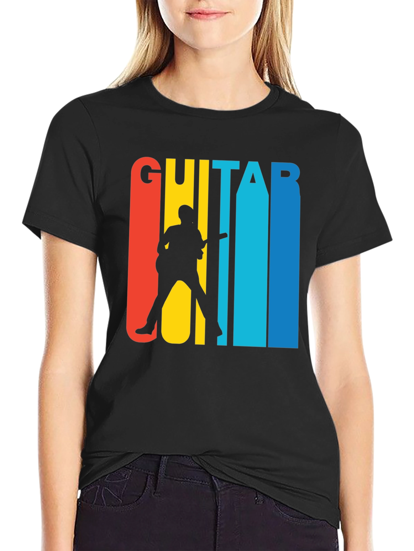 Retro Guitar Player Graphic Tee - Black Cotton T-Shirt