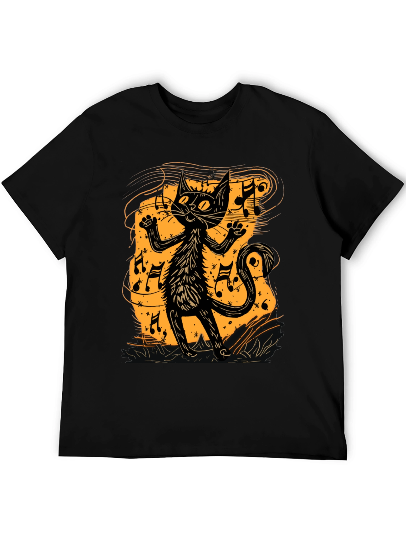 Musical Cat Graphic Tee - Black Cotton T-Shirt