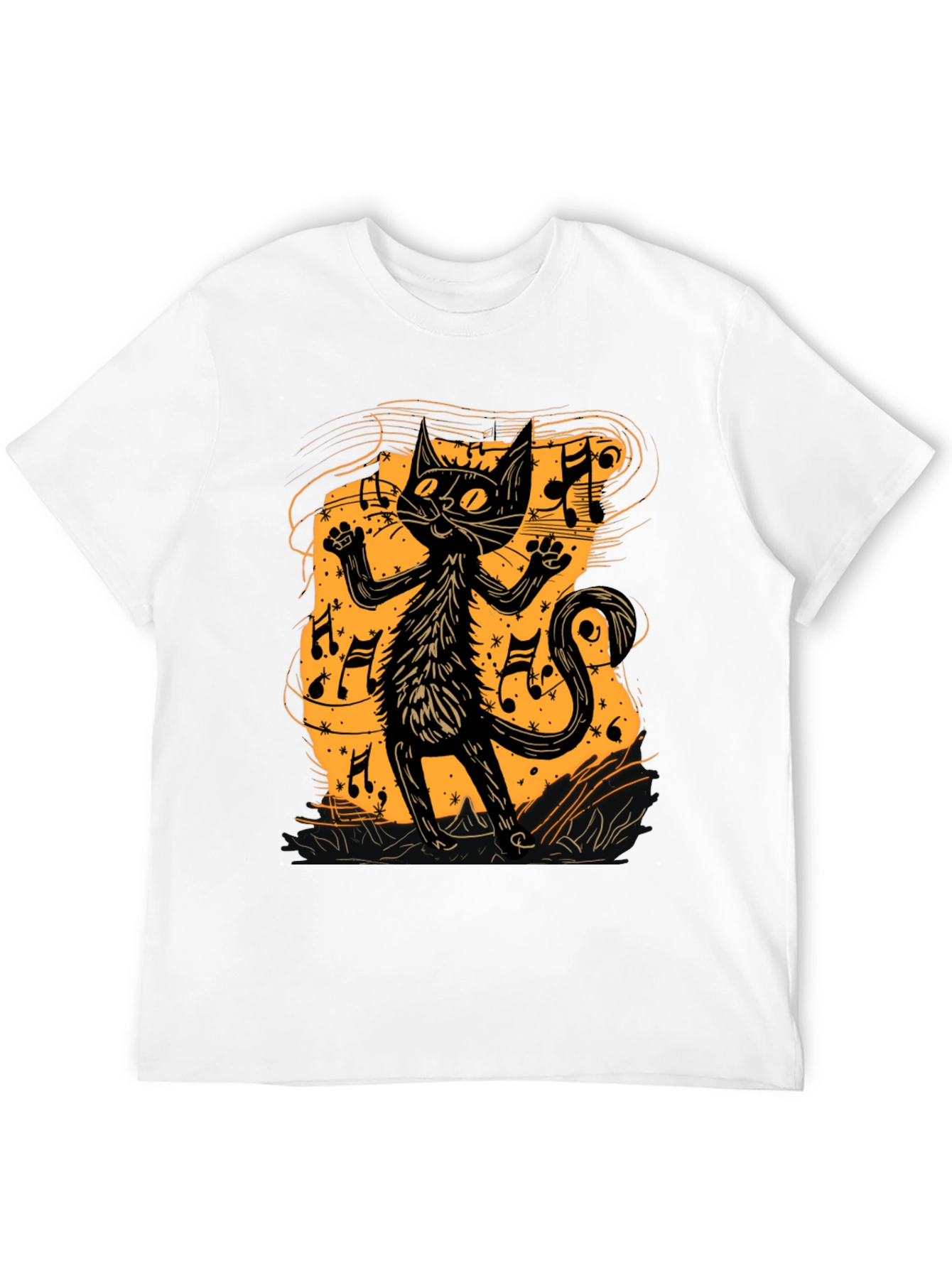 Musical Cat Graphic Tee - Black Cotton T-Shirt